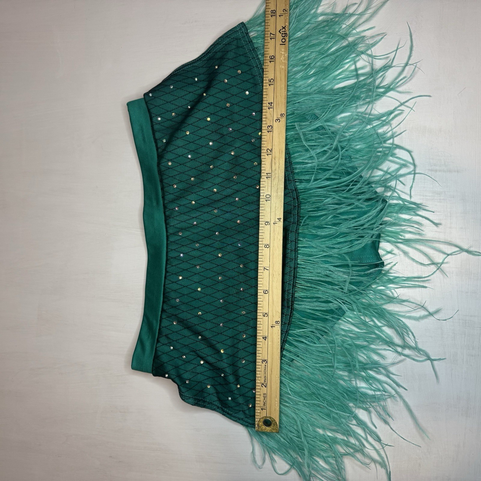Weissman Elite Dance Costume SA Rhinestones & Ostrich Feathers Teal Bow 2pc Set