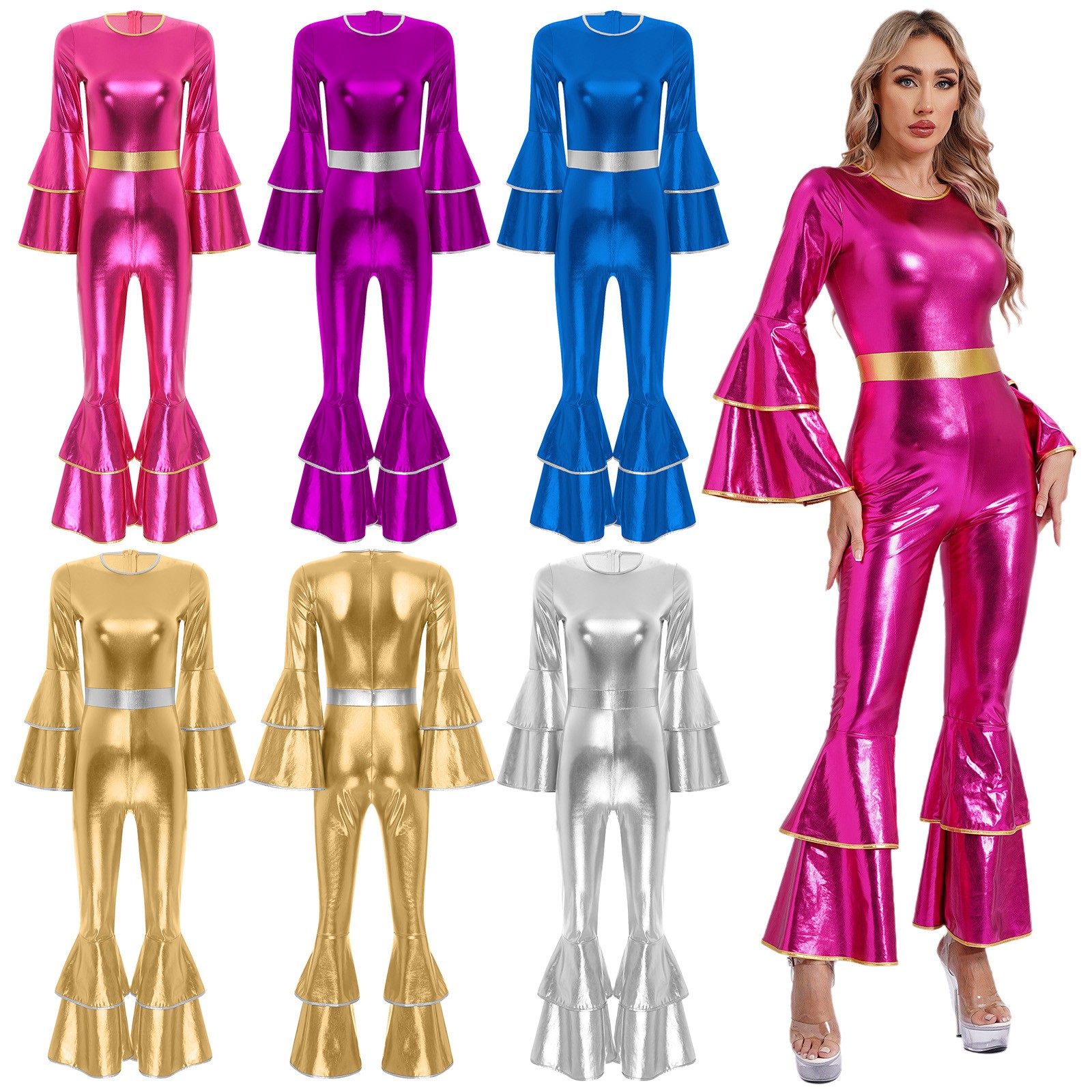 Womens Dancewear Metallic Disco Festival Costume Tiered Flare Sleeve Catsuit