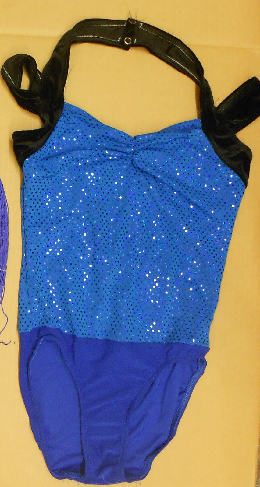 NWOT Royal Foil Sparkle leotard w/ Black Velvet straps pinch front ch/ladies