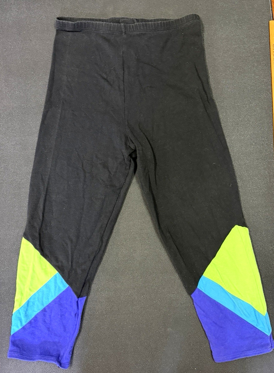 80s JACQUES MORET Capri Pant Aerobics Black Purple Cotton Retro Leggings Dance M