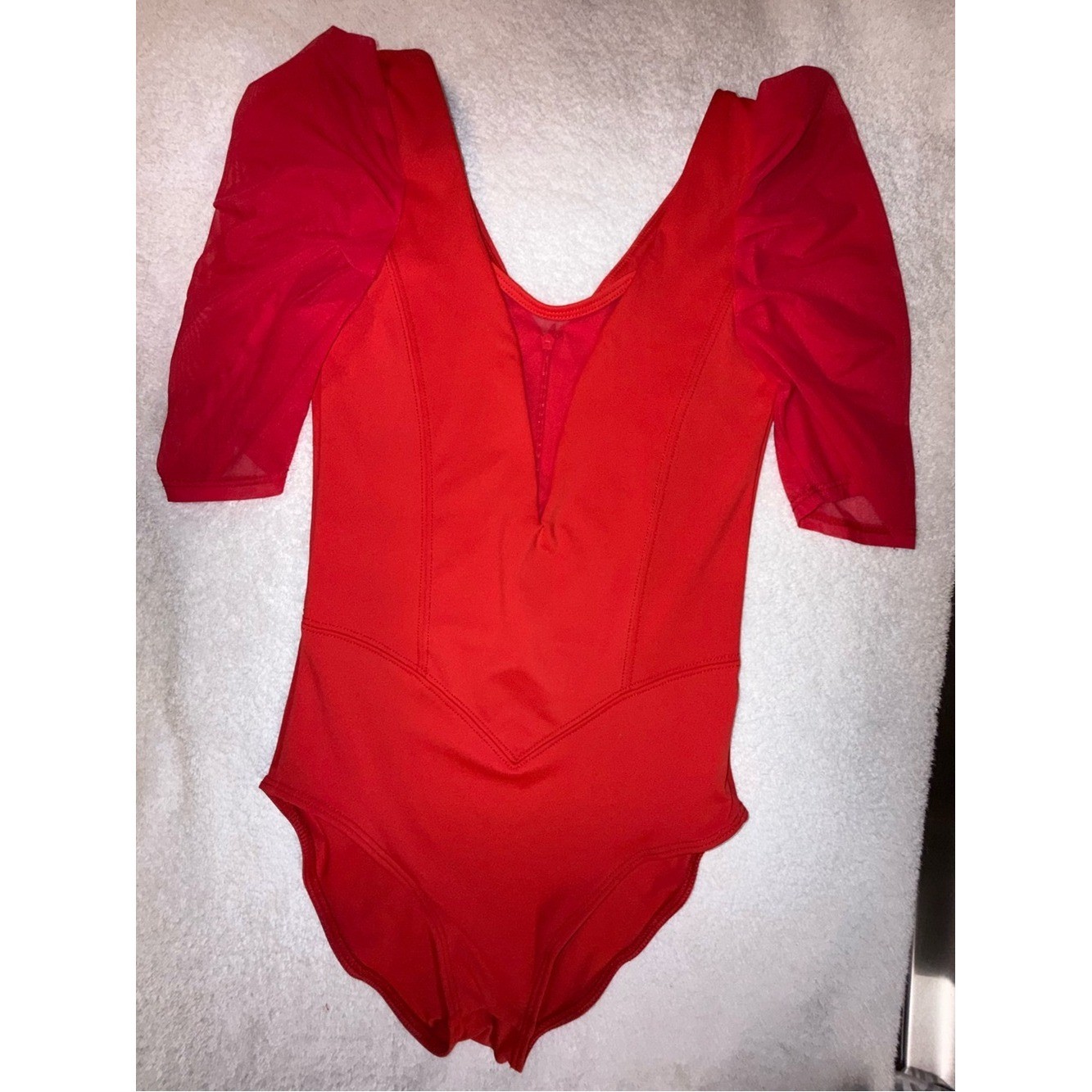 Tiger Friday Girls‘ Red Dance Leotard with Sheer Puff Sleeves Size Adult X-Small