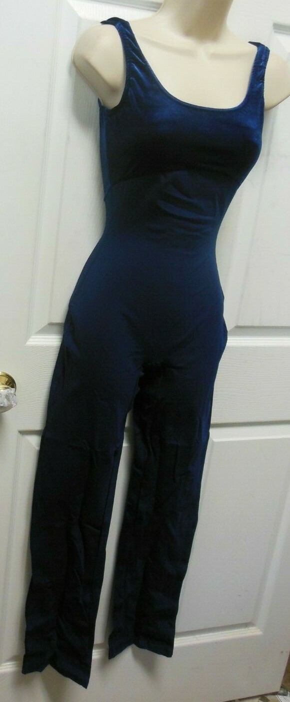 New Dance Jazz Navy Blue Long Unitard Velvet Bodice Cotton Spandex Ladies Ad Sze