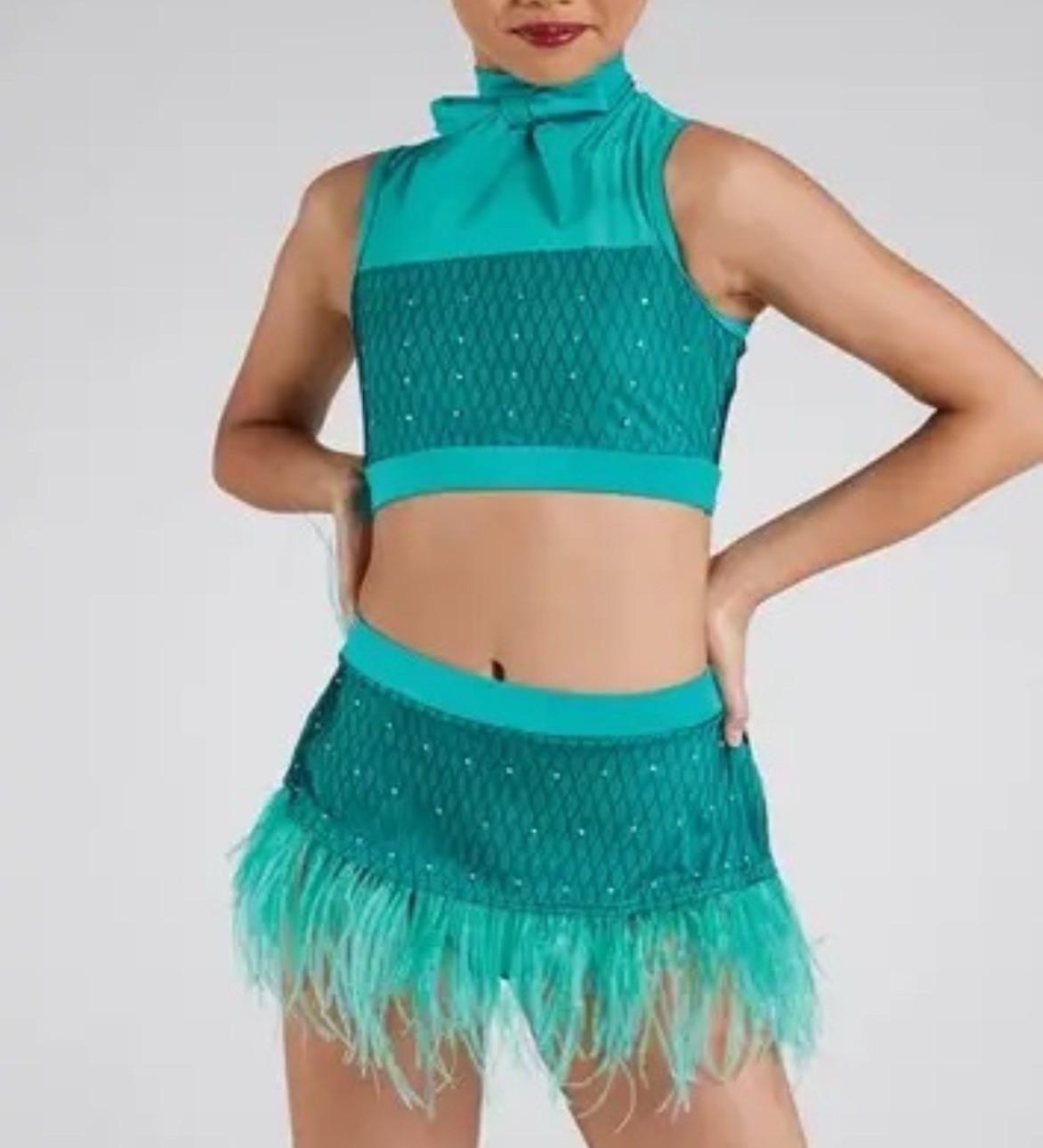 Weissman Elite Dance Costume SA Rhinestones & Ostrich Feathers Teal Bow 2pc Set