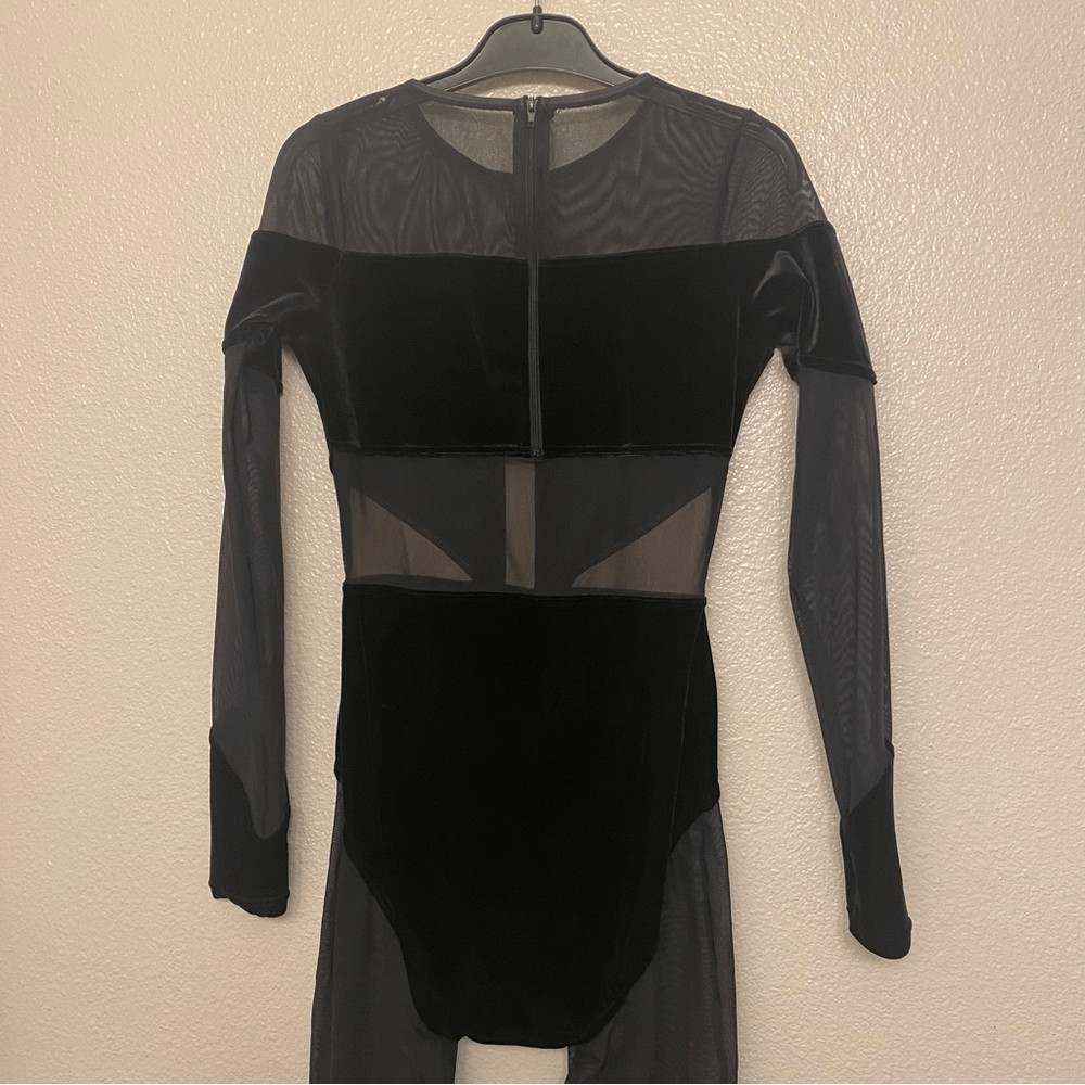 WEISSMAN Elite Dance Costume black Velvet Illusion Unitard rhinestone V12241 SA