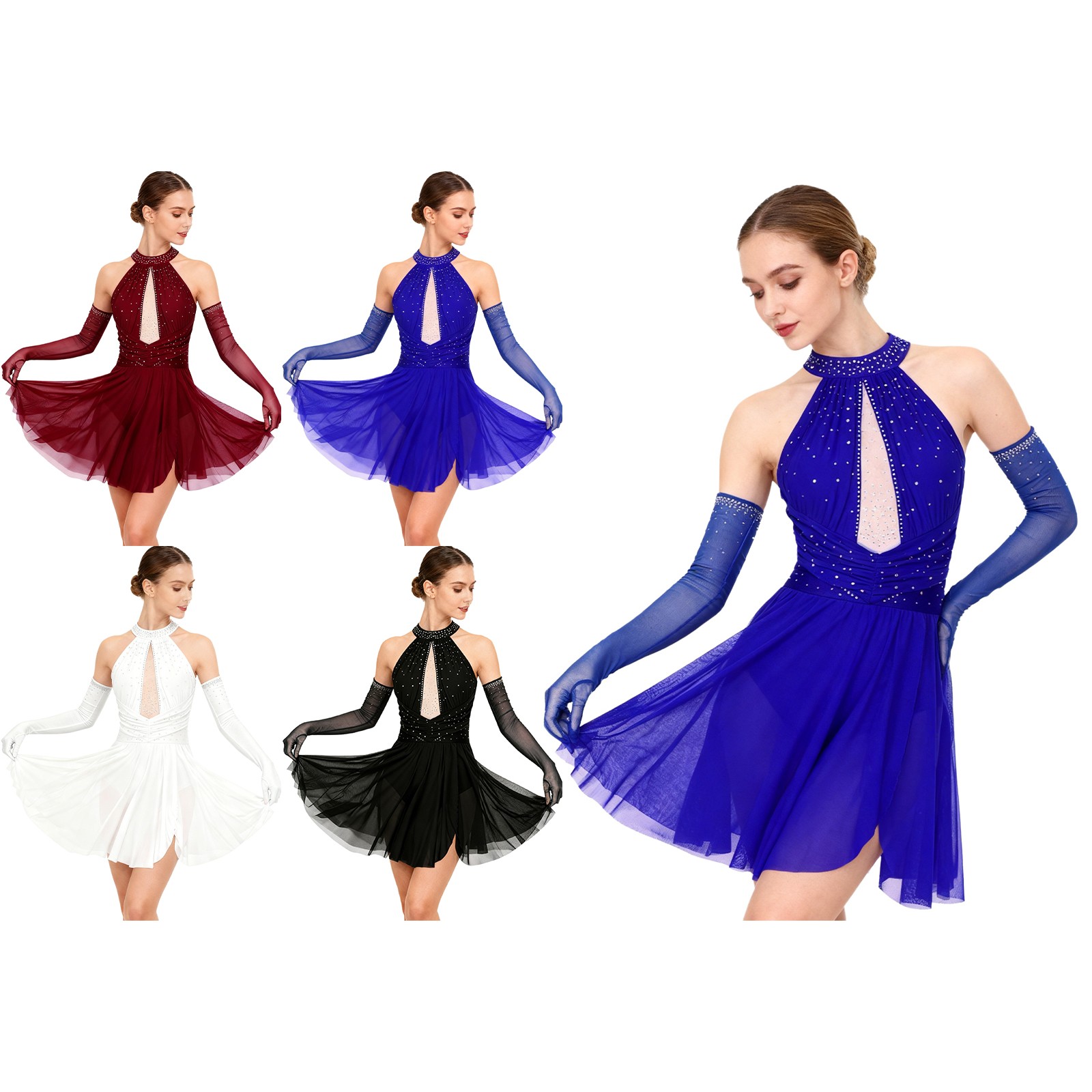 Womens Dress Modern Dancewear Backless Outfit Stage Gloves Gymnastic Dance Set