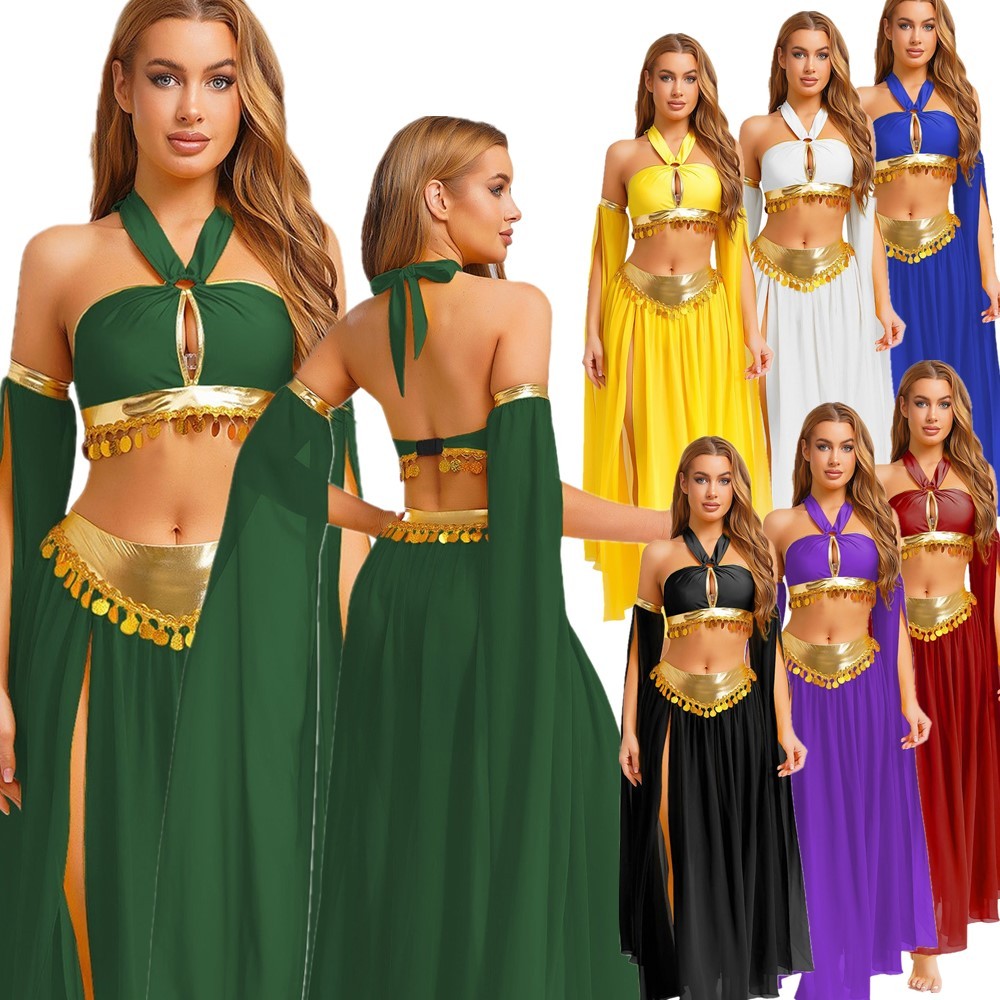 Womens Belly Dance Costume Set Sequins Hem Halter Tank Top Modern Dance Parties