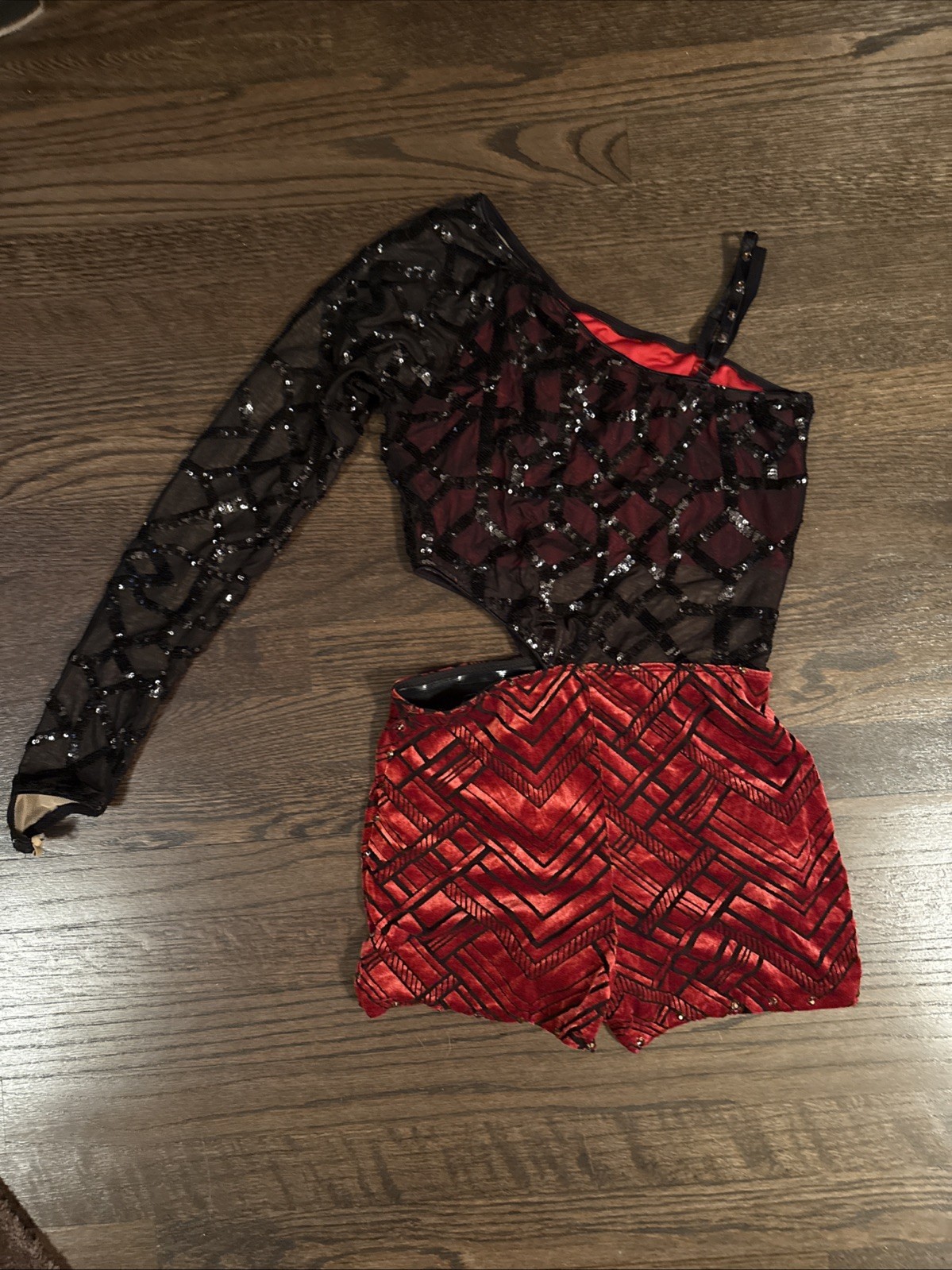 Tenth House Jazz Sequined Black Red Shortal Unitard Style TH20230 Adult Small