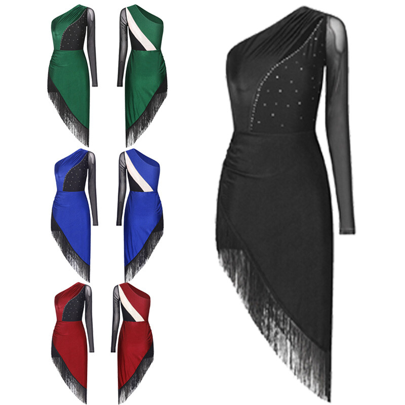 Womens Dancewear Shiny Dress One Shoulder Costume Tassel Samba Latin ChaCha