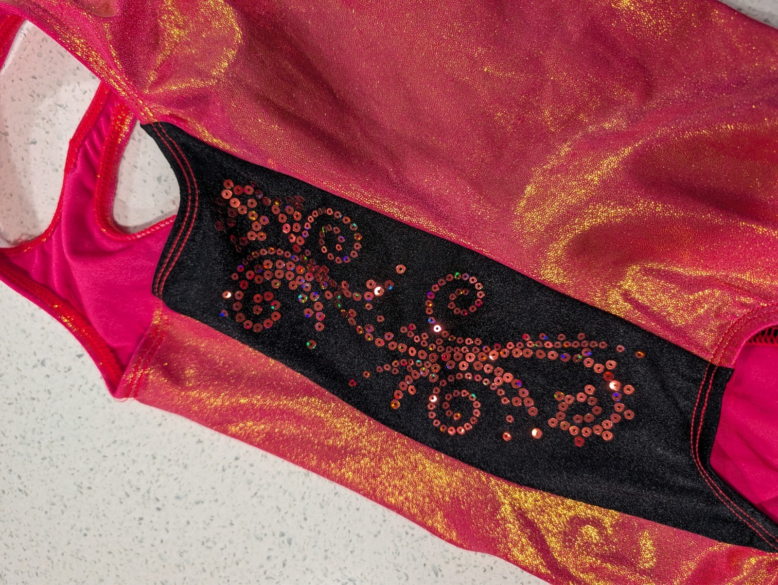 CUTE GK Elite gymnastics dance leotard AS Small Sequins Orange CORAL MYSTIQUE