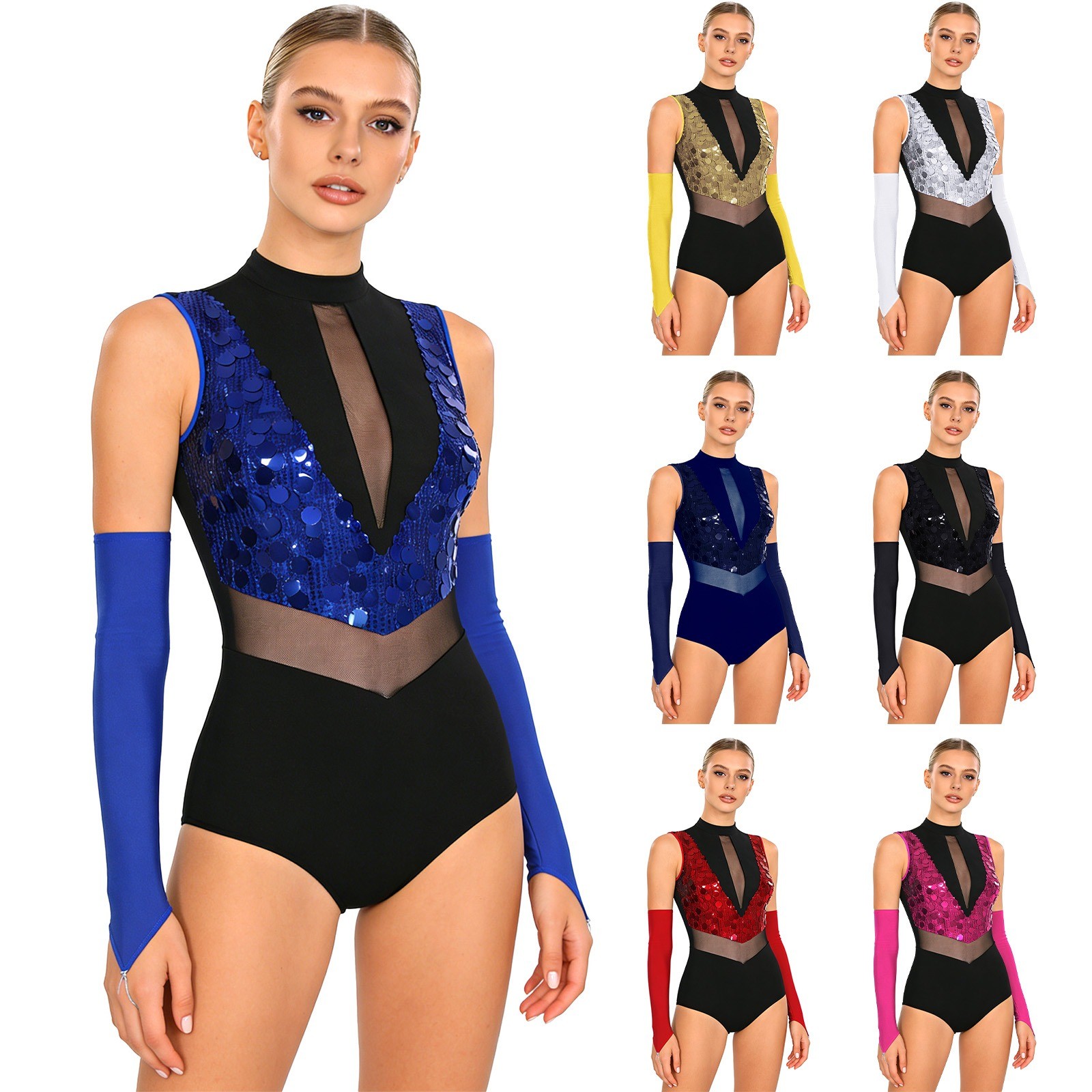 Women Gymnastics Dance Leotard With Gloves Sparkling Sequins Glittery Leotard