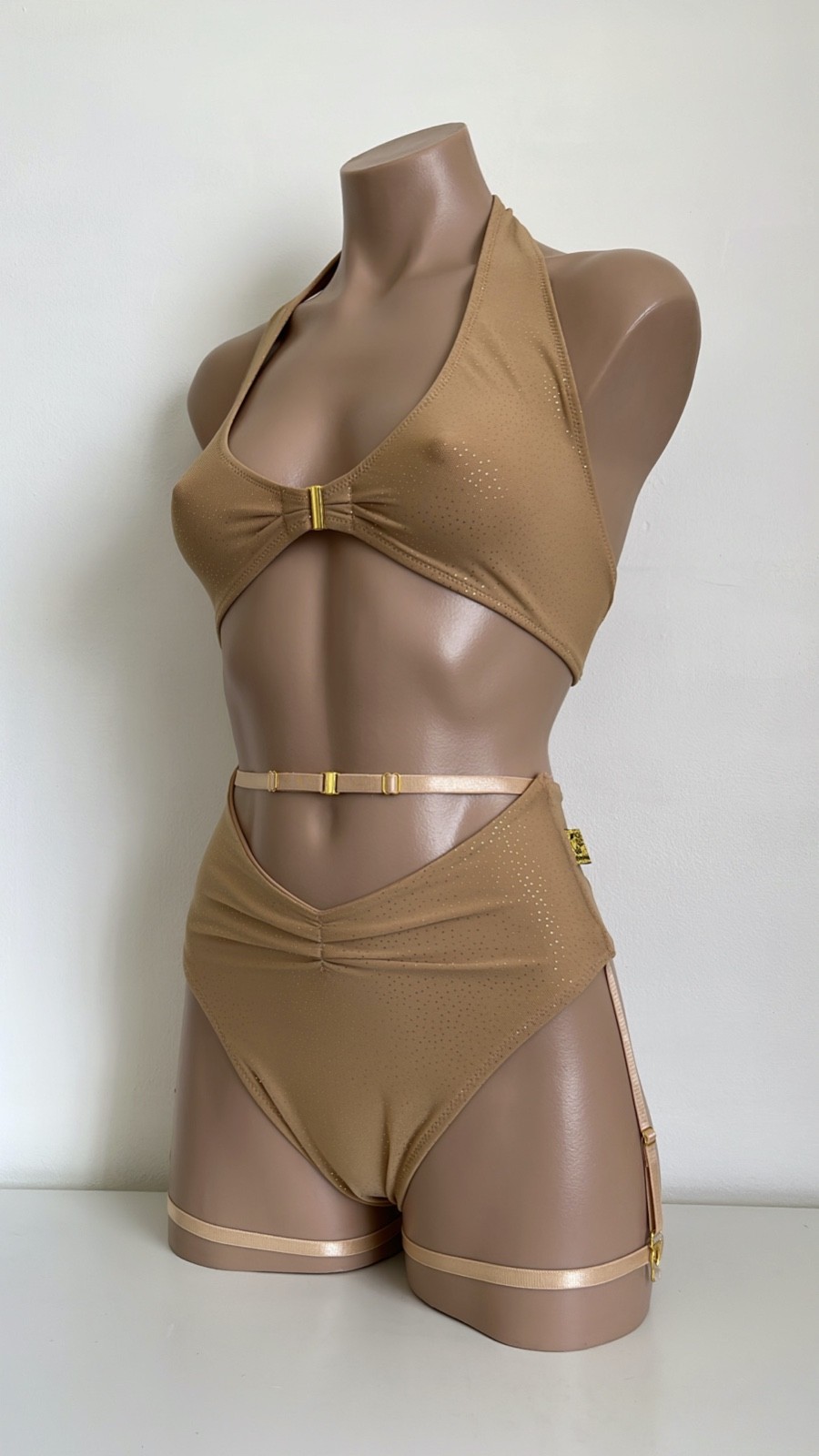 Schminke 👄 pole dance wear sheer nude gold mesh halter top & bottoms high waist