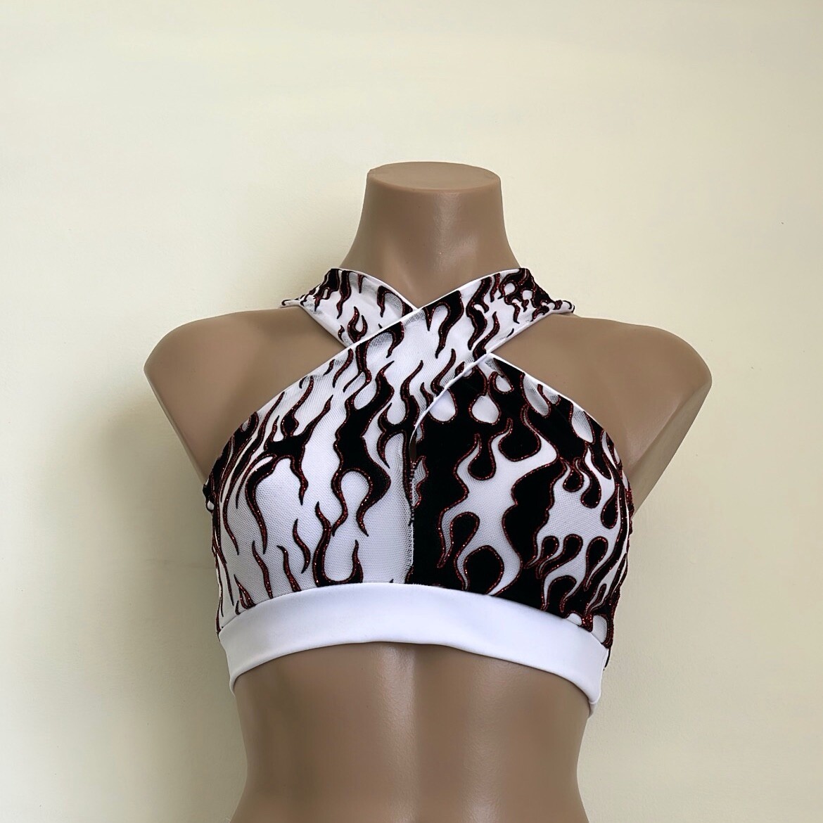 Schminke 🔥 Flames fire crop top ethereal pole dance wear mesh spandex UV neon