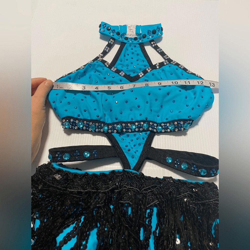 Glamour solo dance costume teal blue rhinestone fringe sassy SA-Small adult