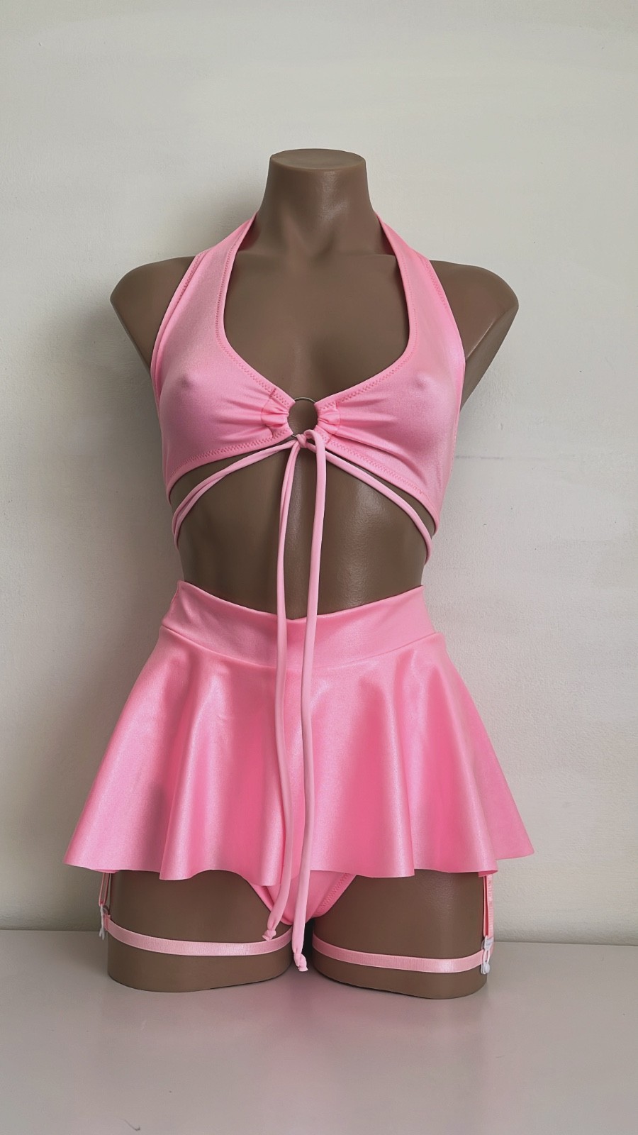Schminke👙dance wear pole-dance skirt brief wet-look hologram 5x ring halter top