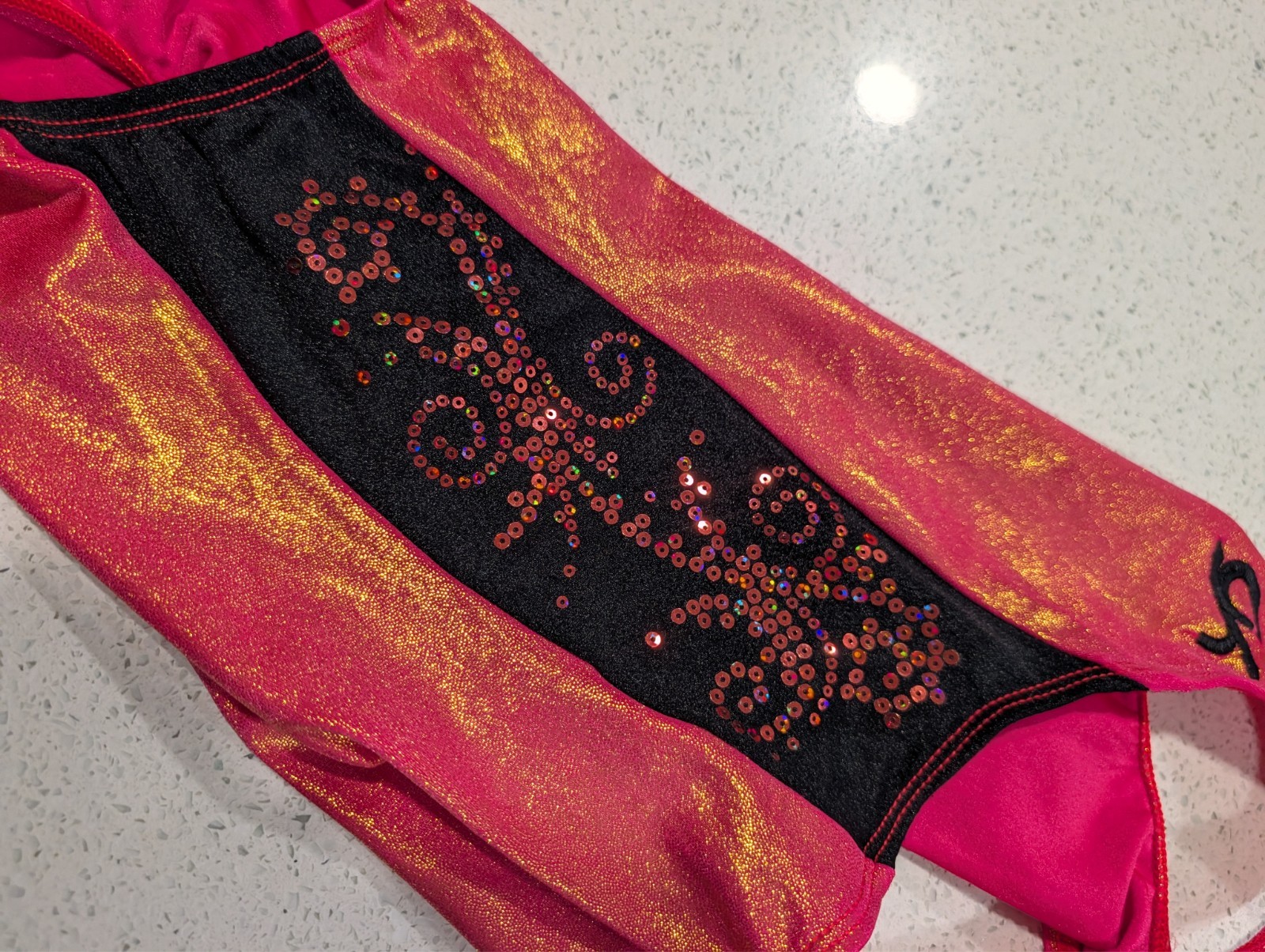 CUTE GK Elite gymnastics dance leotard AS Small Sequins Orange CORAL MYSTIQUE