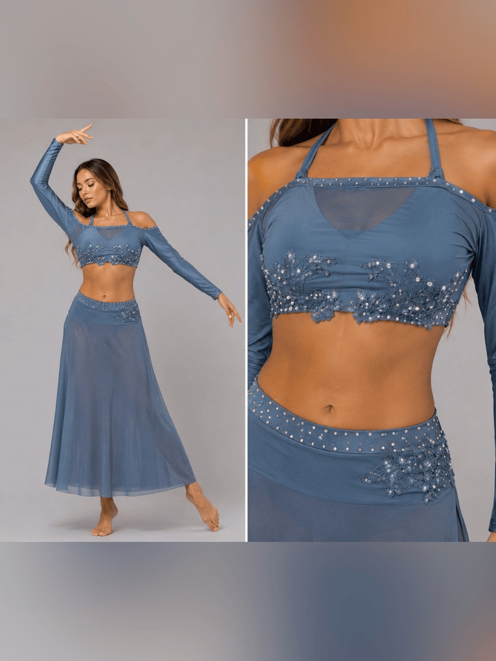 Custom solo dance costume 2 piece light blue illusion lyrical SA-Small adult