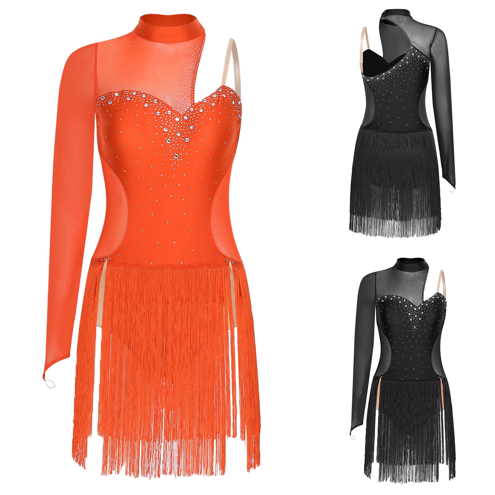 Women’s Ballroom Dance Dress Single Sleeve Asymmetrical Fringed Dress Dancewear