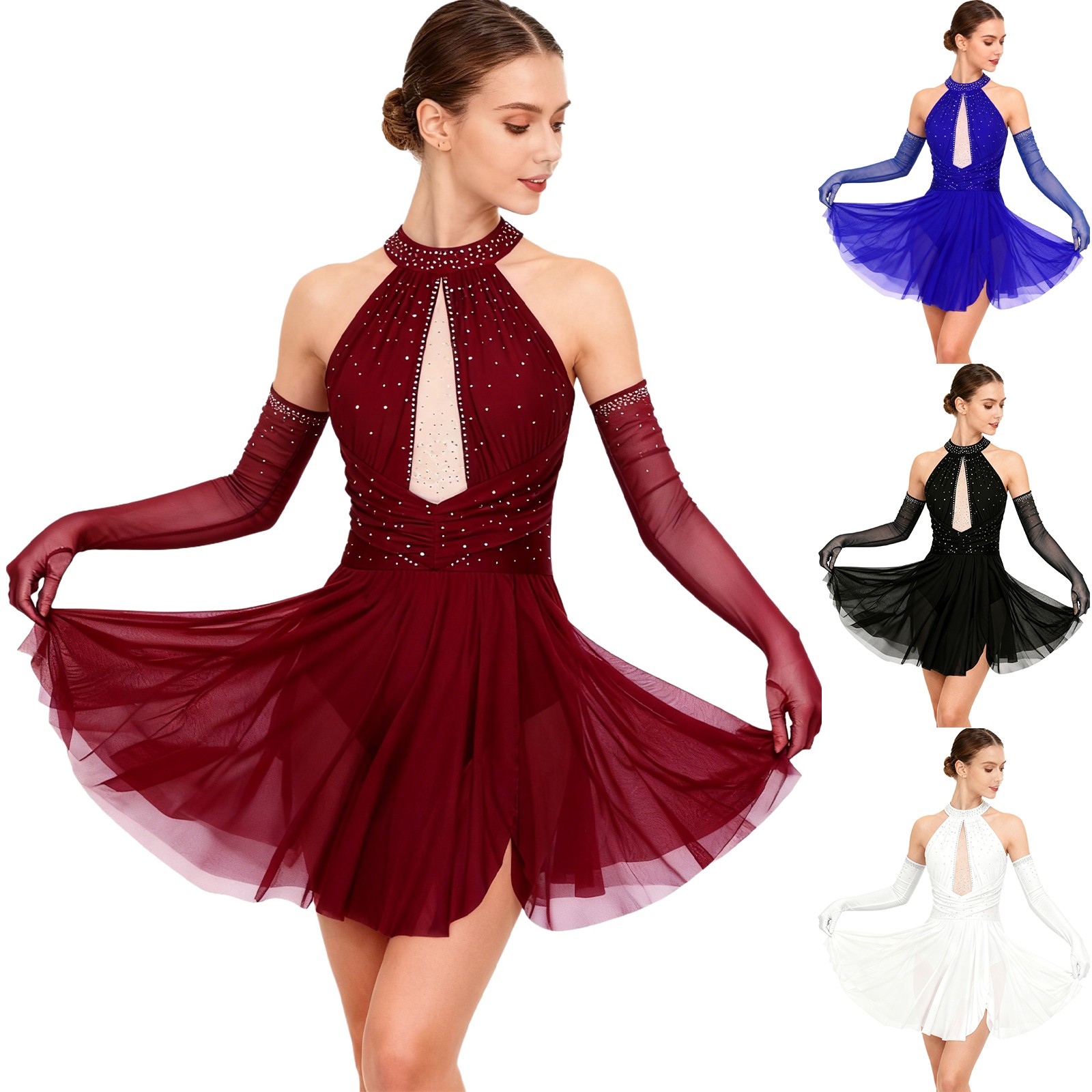 Womens Dress Modern Dancewear Backless Outfit Stage Gloves Gymnastic Dance Set