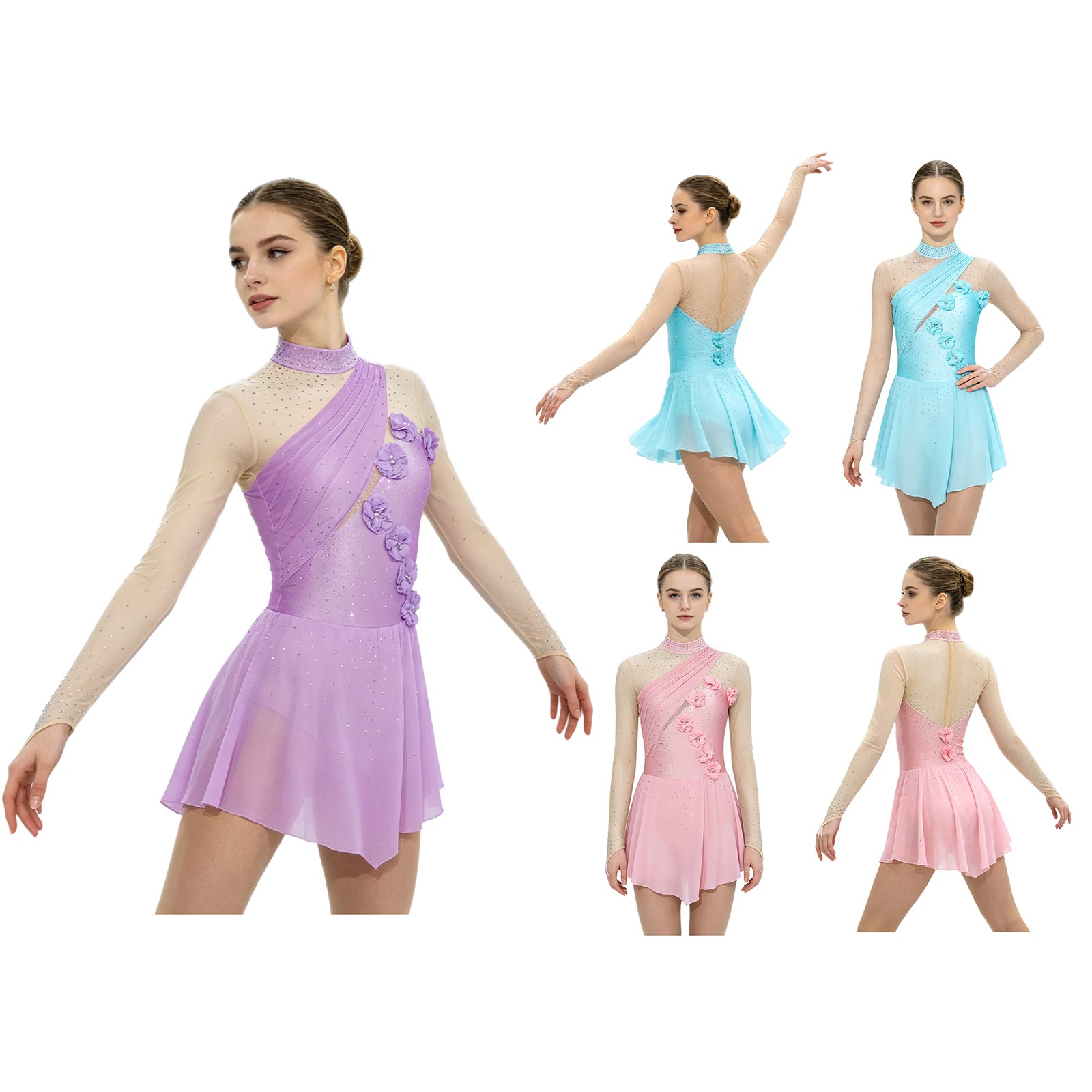 Womens Bodysuit Jazz Dress Chiffon Hem Dancewear Color Blocking Rhinestones