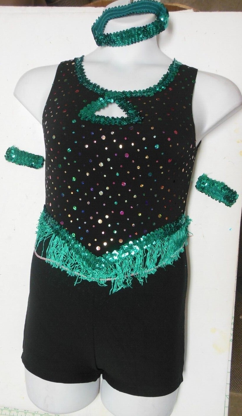 Dance Costume SHORTY UNITARD LADIES SPOTLIGHT FOIL JADE Green SEQUIN FRINGE