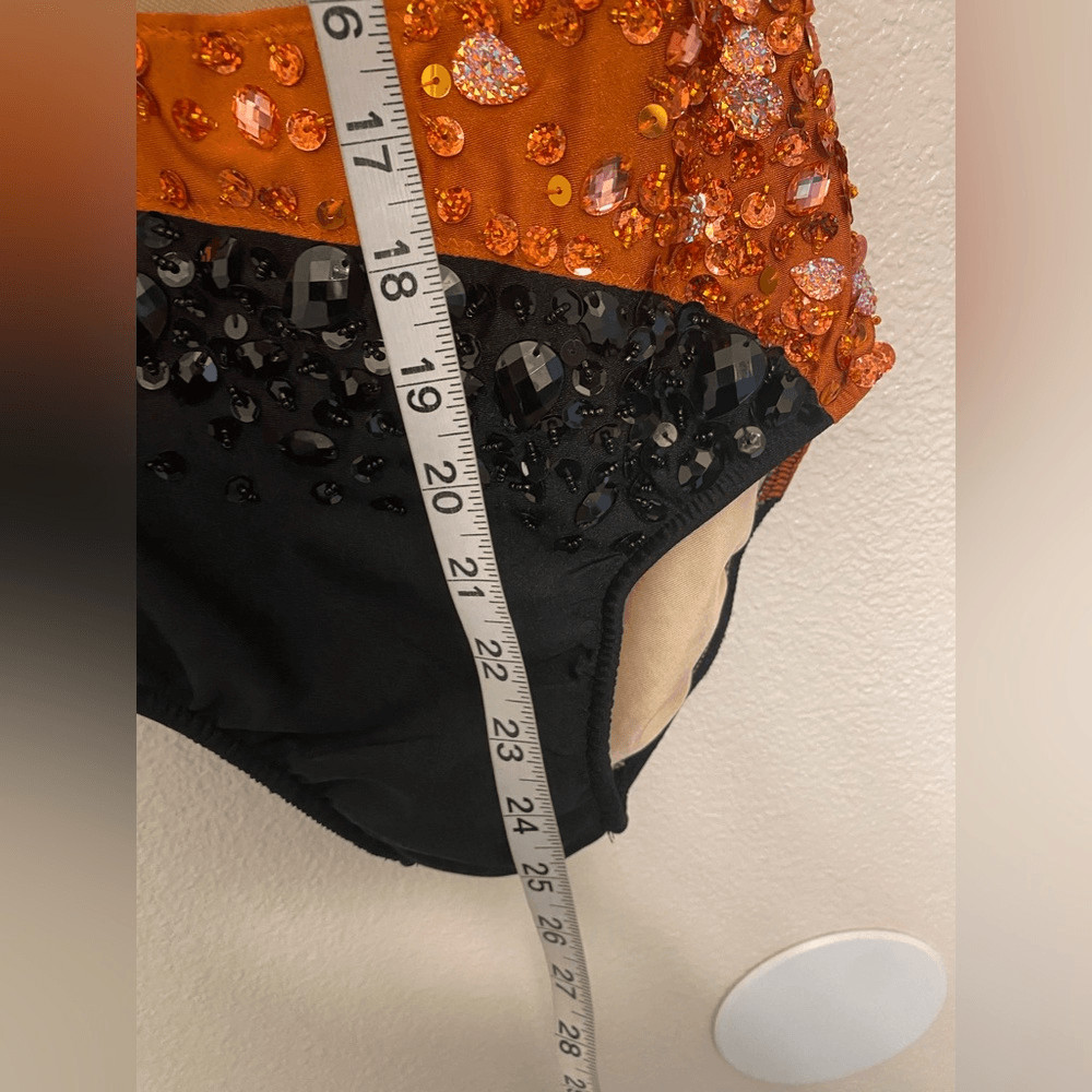 Glamour solo dance costume orange black one sleeve rhinestones MA medium adult