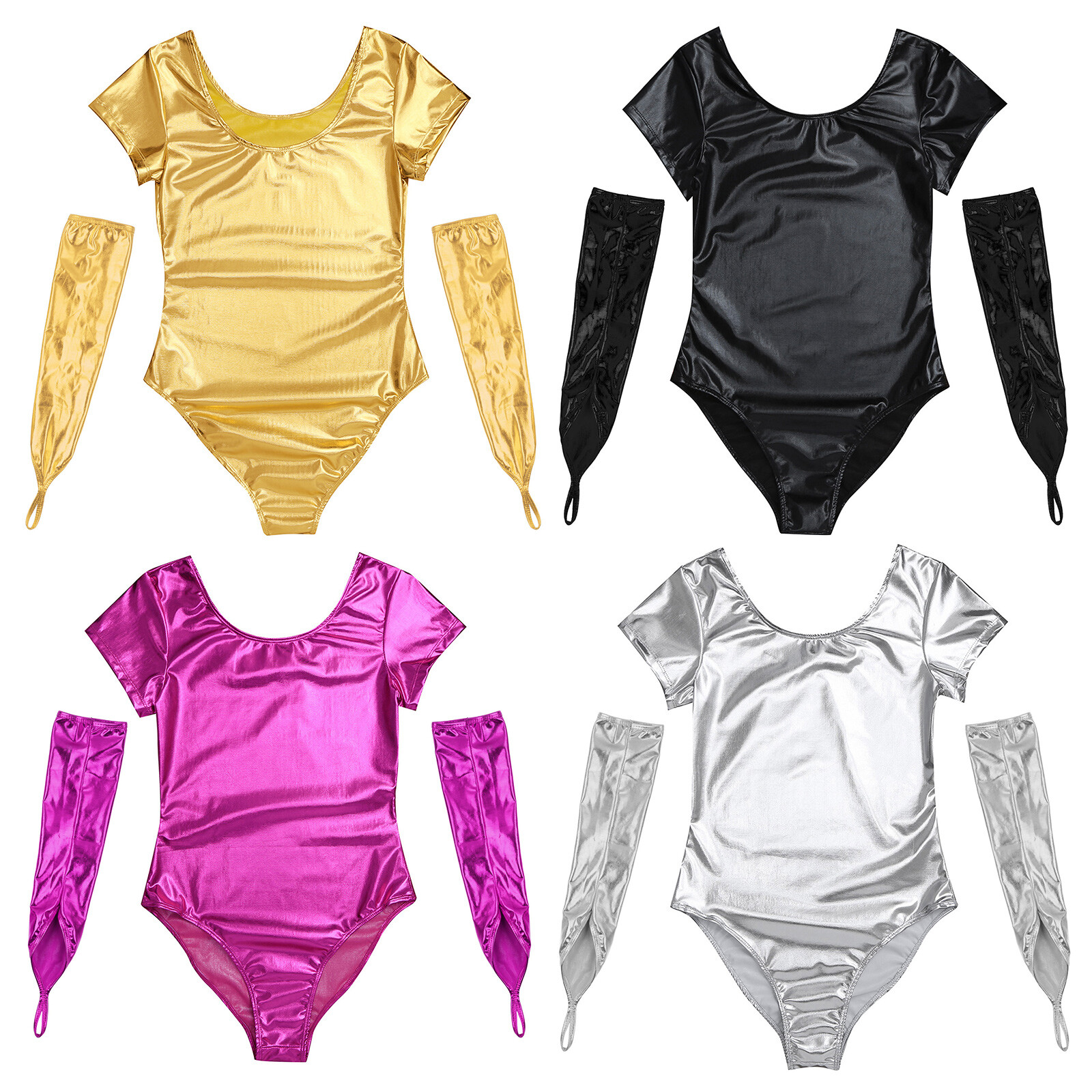 Womens Ballet Suit Patent Leather Leotard Gymnastikbody Bodysuit Short Sleeve