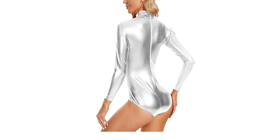 speerise Womens Shiny Metallic Long Sleeve Dance Gymnastics Leotard Bodysuit, XS