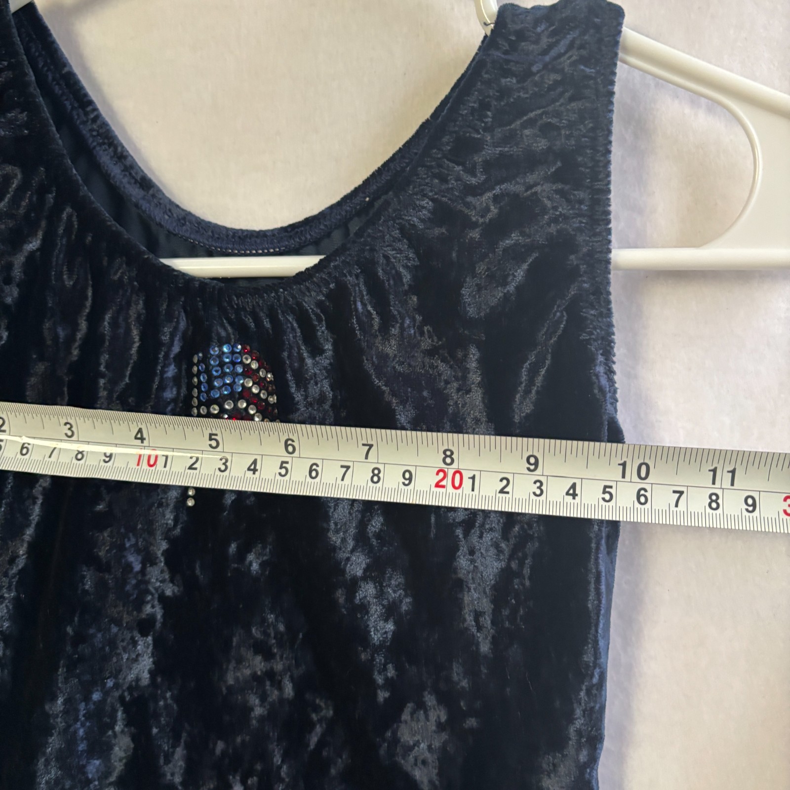 Vtg Alpha Factor S/M Navy Blue Crushed Velvet Gymnastics Leotard Rhinestone Flag