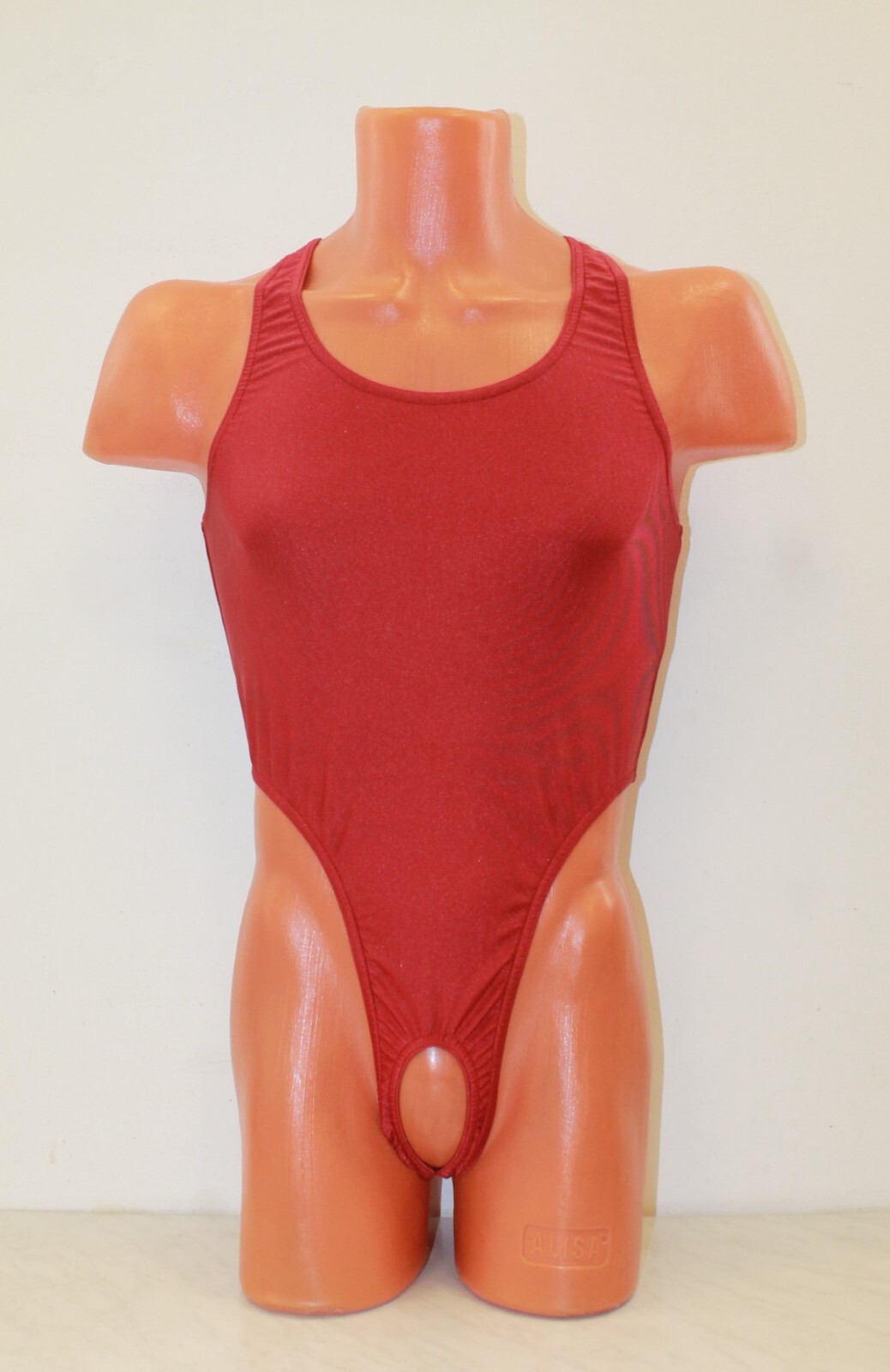 Men Thong Leotard 152-53 Hole Crotch Dark Red Spandex Size L