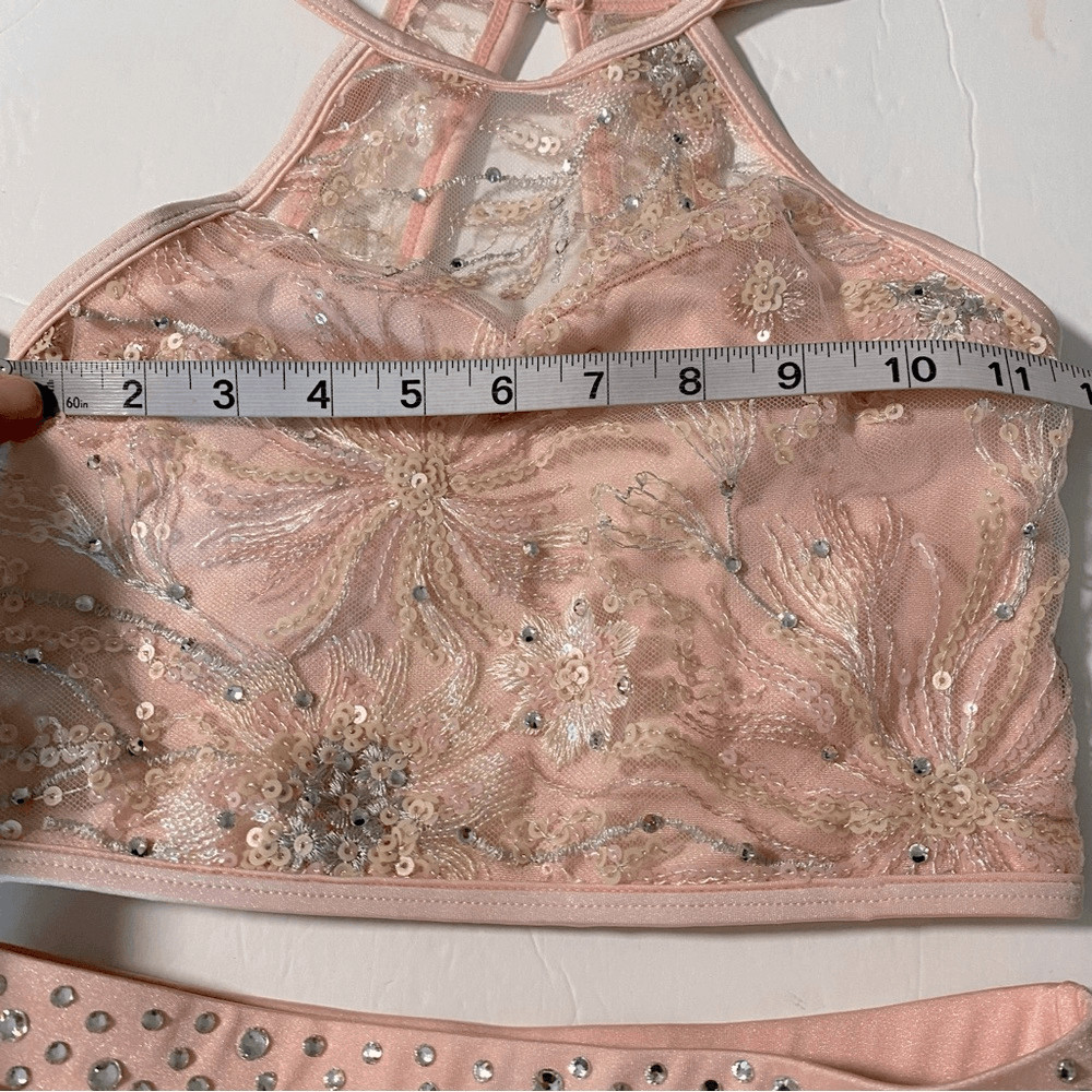 Solo glamorous dance costume leotard 2 piece pink embroidered lace rhinestone LC