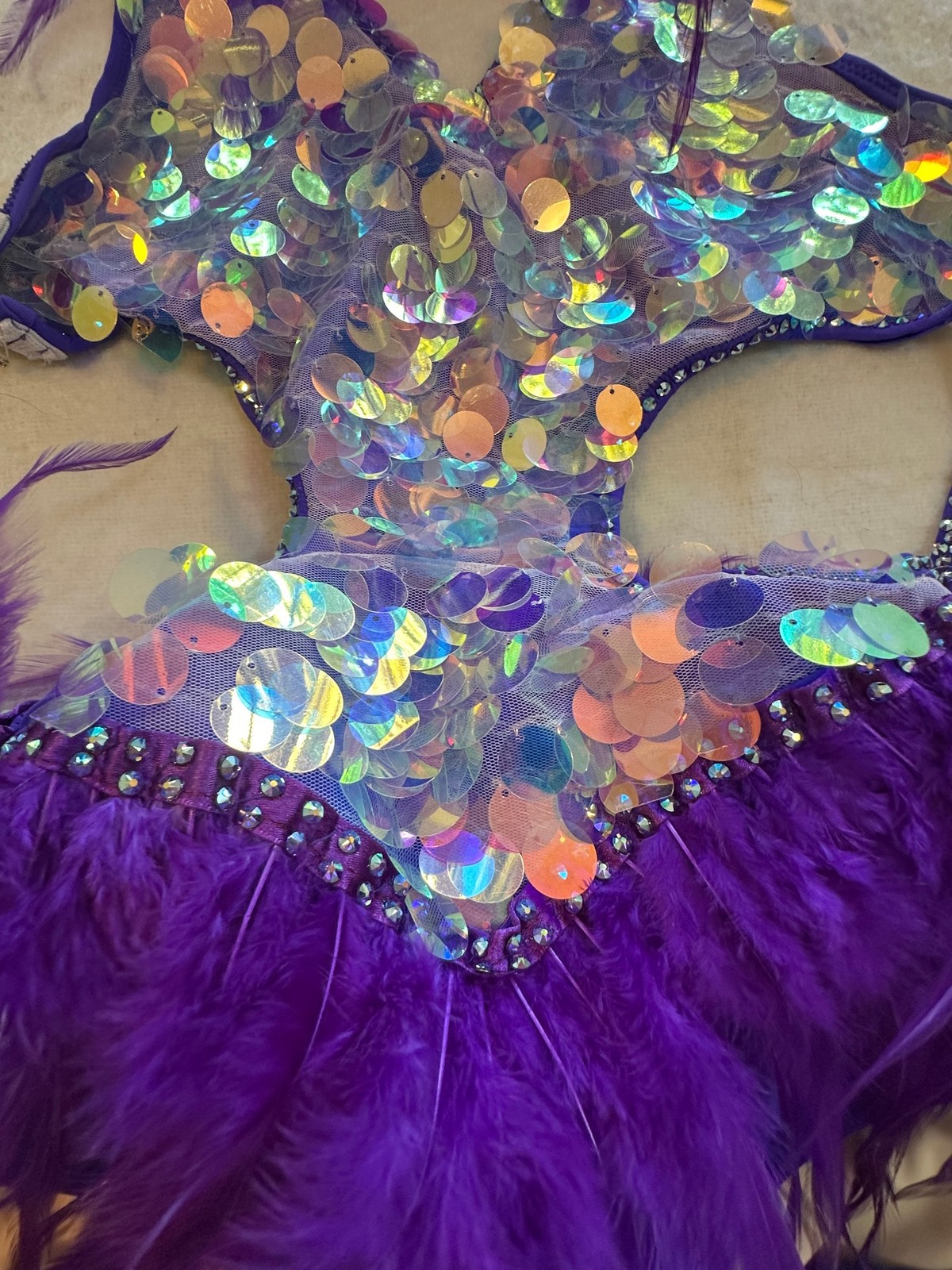 Burlesque Women’s Purple Sequin Feather Leotard Dance Performance Costume XS/S