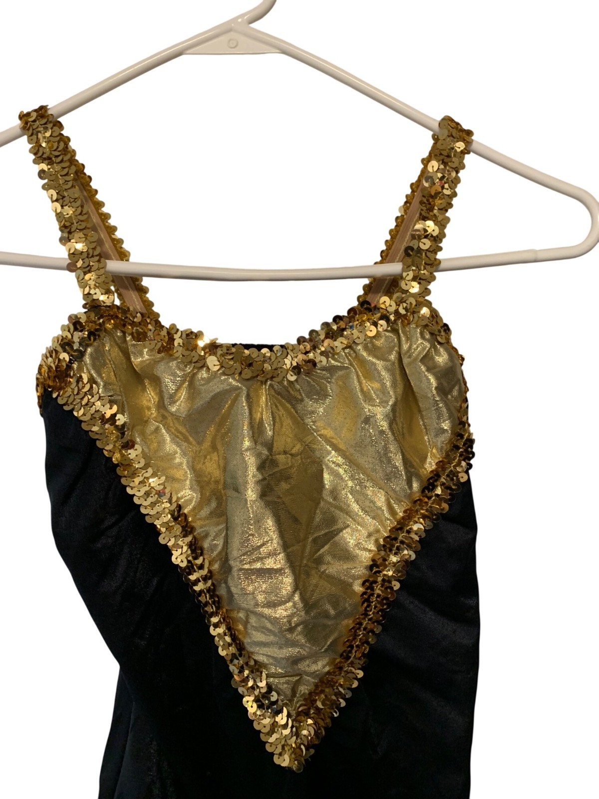 Adult Large 1 piece Bodysuit Leotard Black Gold Sequined Sleeveless Sparkle Blin