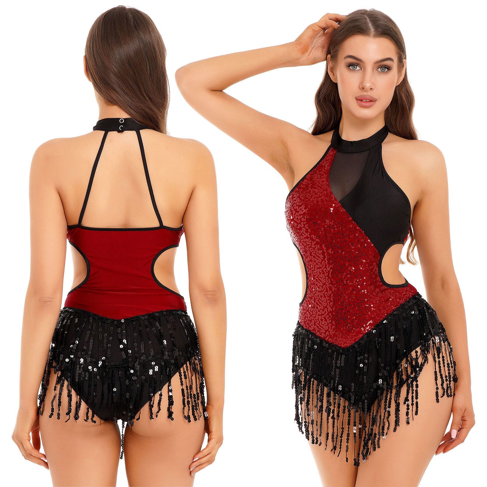 Women Shiny Sequins Fringed Latin Jazz Dance Leotard Bodysuit Lyrical Dancewear