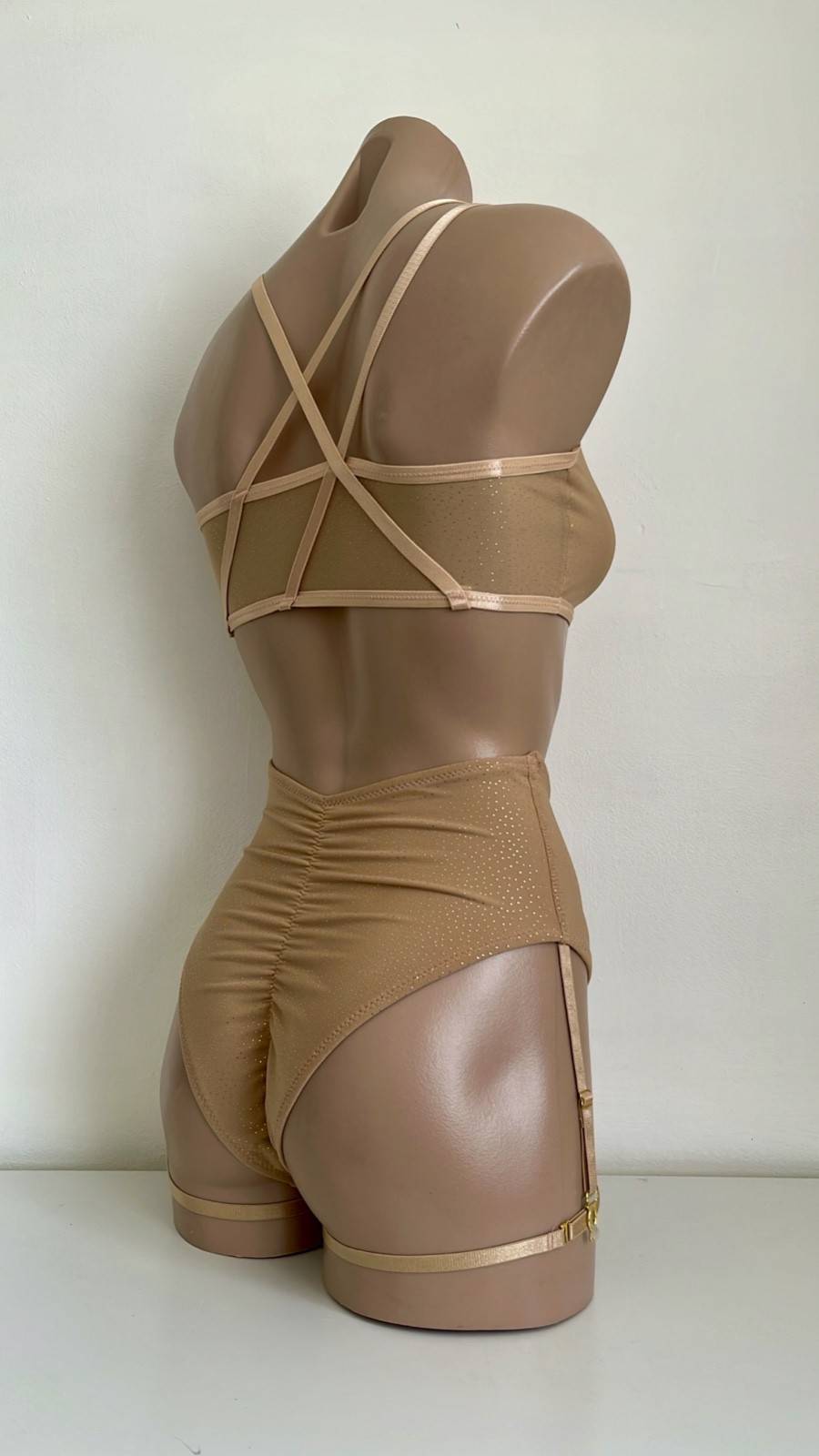 Schminke 👄 pole dance wear sheer nude gold mesh crop top & bottoms high waist
