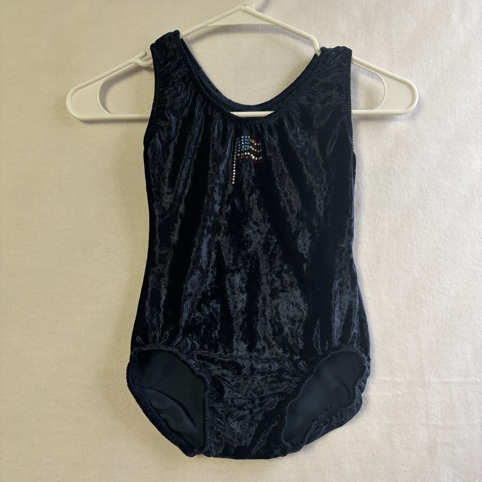 Vtg Alpha Factor S/M Navy Blue Crushed Velvet Gymnastics Leotard Rhinestone Flag