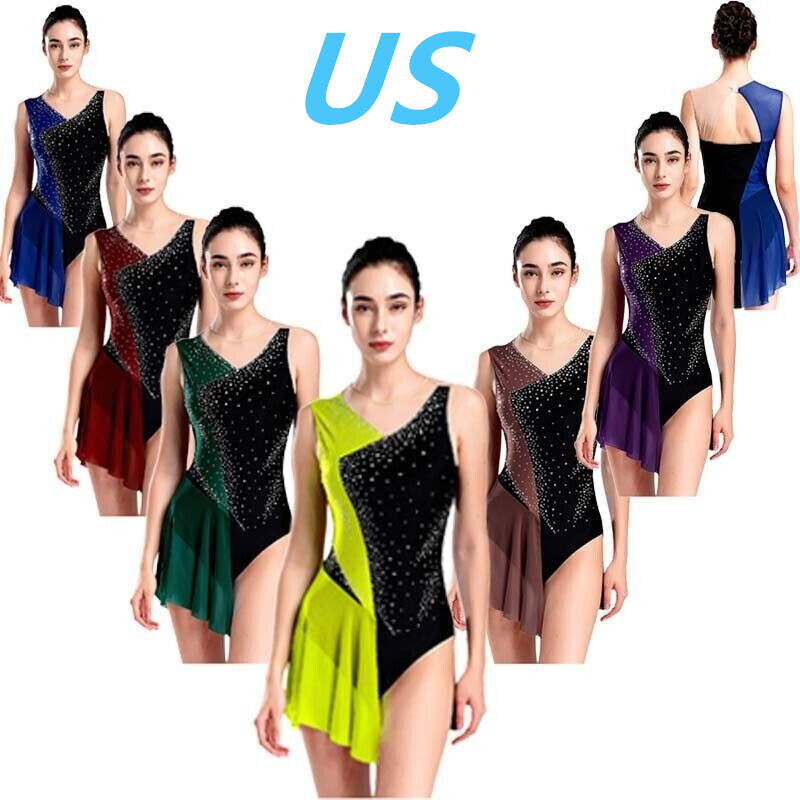 US Womens Color Block Lyrical Ballet Dance Leotard Dress Figure Skating Dress