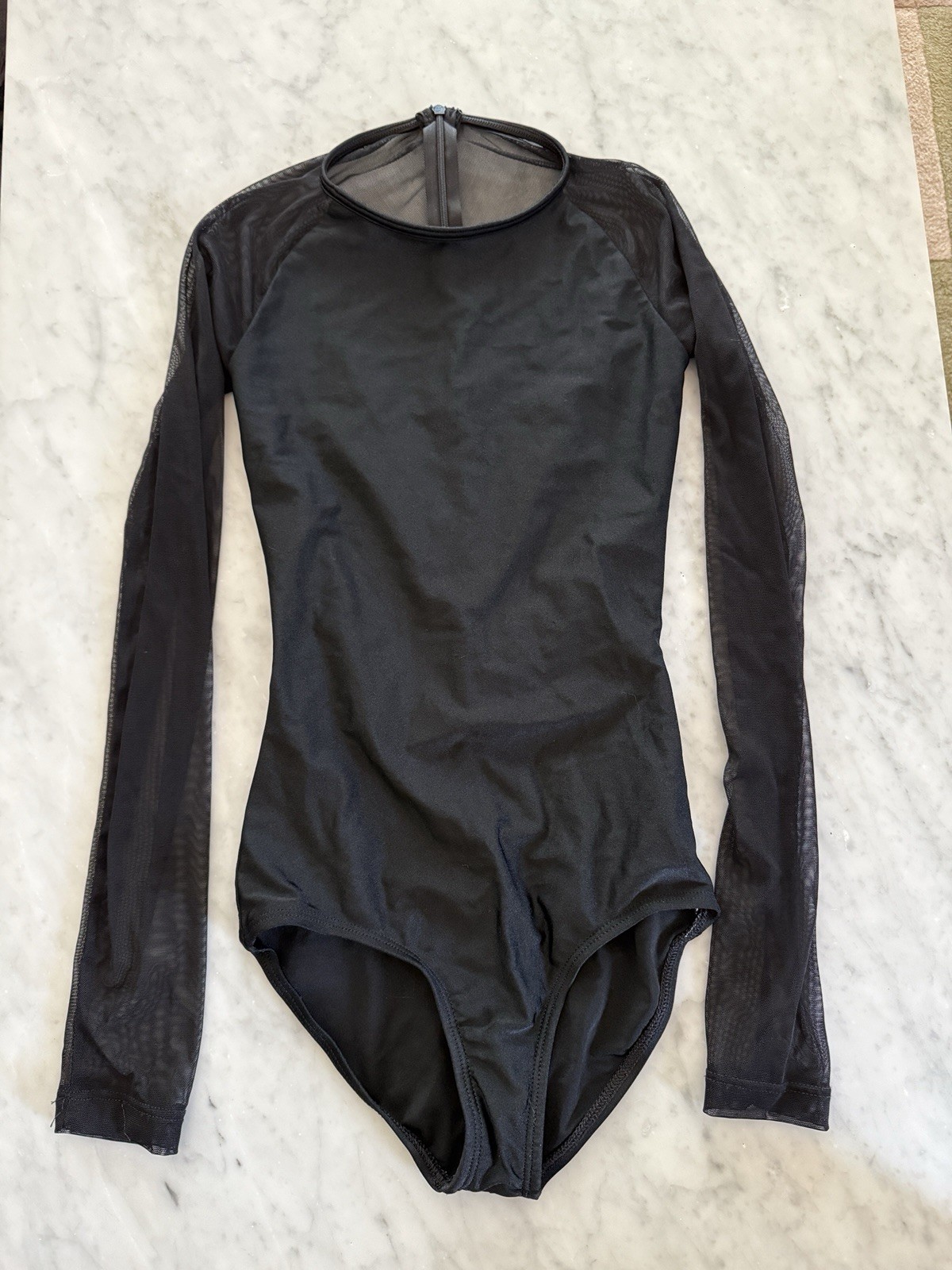 Double Platinum Leotard Adult Petite Black With Mesh Sleeves Pretty Mesh Back