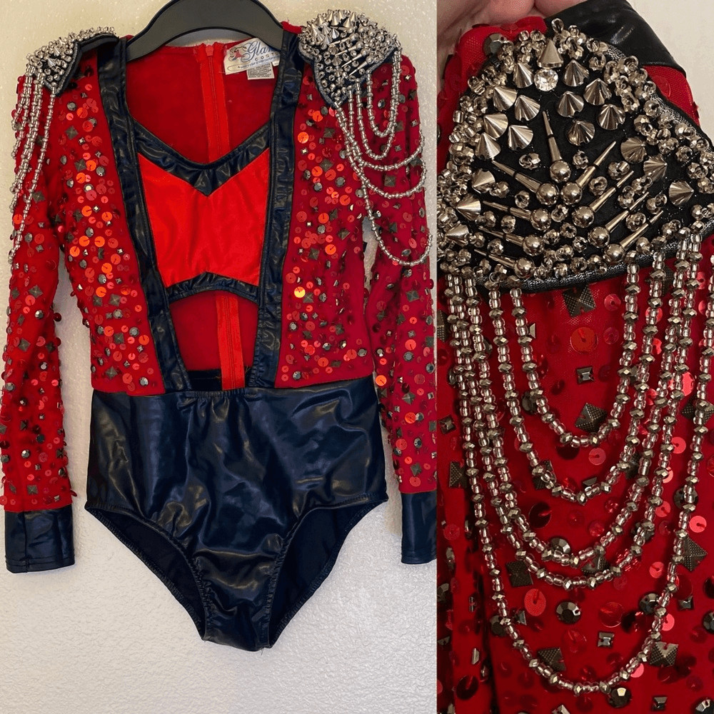 Glamour mature faux leather red goth grunge studed Dance Custom solo costume XLC