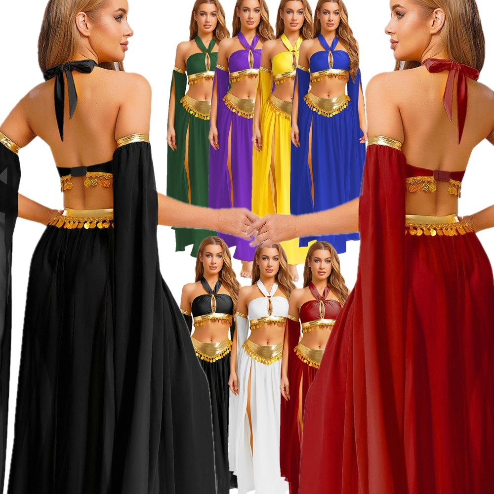 Womens Belly Dance Costume Set Sequins Hem Halter Tank Top Modern Dance Parties