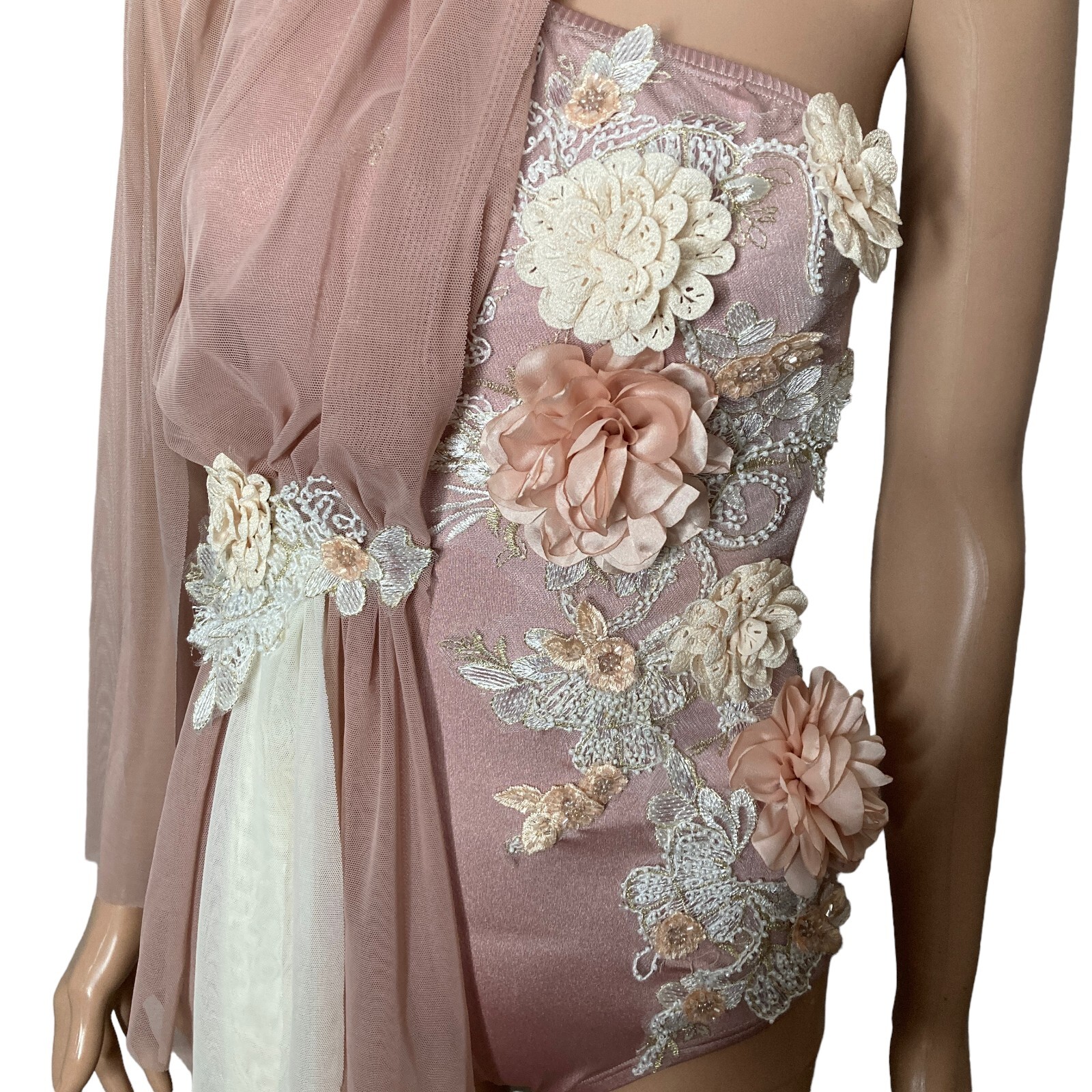 Meekelle Couture Collections Leotard Small Adult Pink White Floral Applique