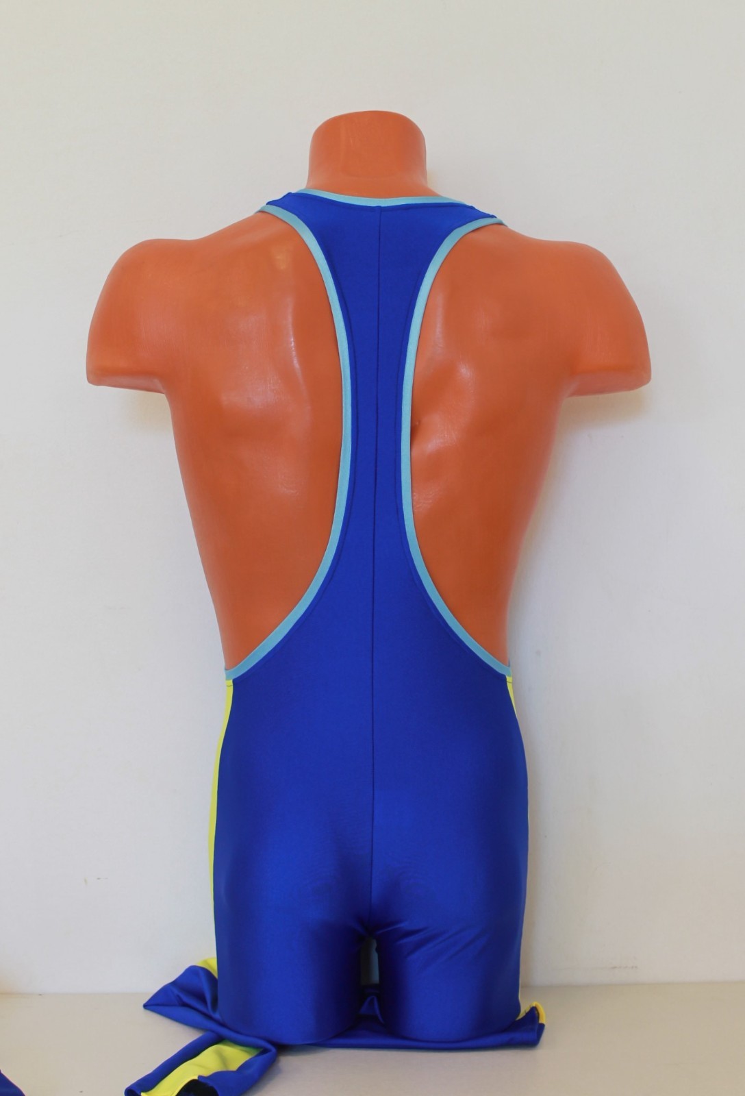 Men Long Unitard 302-18 Yellow Side Insert Blue Spandex Light Blue Edging Size L