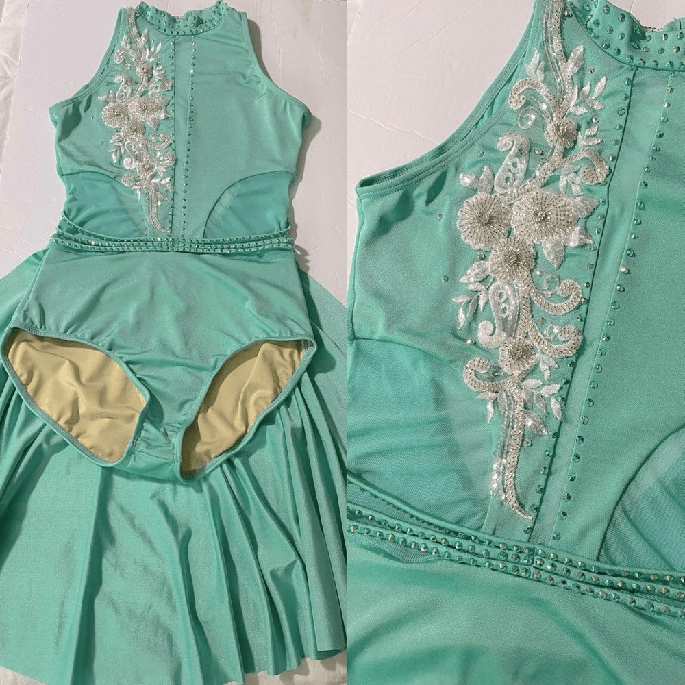 Glamour Custom solo dance costume lyrical mint aqua blue leotard stoned MA adult
