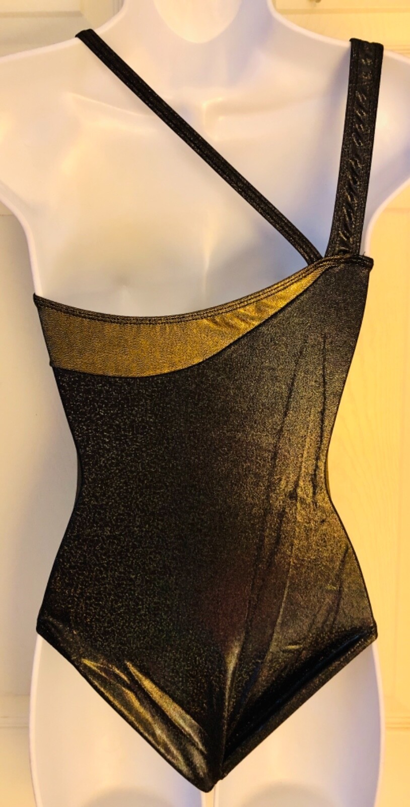 GK DANCE LADIES SMALL ASYM BLACK SPARKLE GOLD SILVER FOIL JAZZ LEOTARD Sz AS