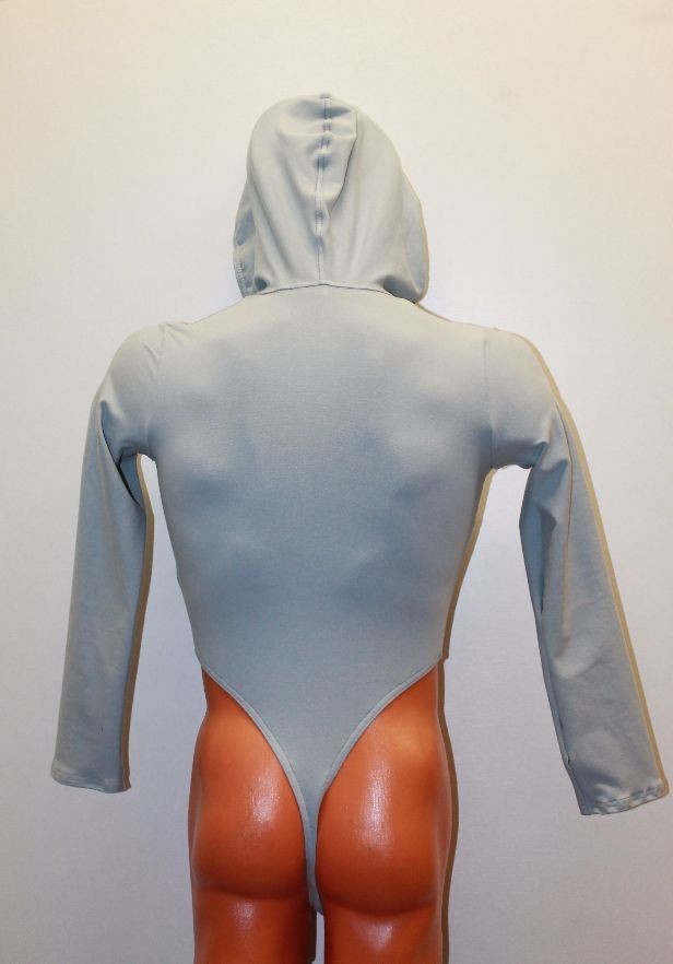 Men Thong Leotard 159-60 Long Sleeve Zipper Front Hood Light Gray Spandex Size S
