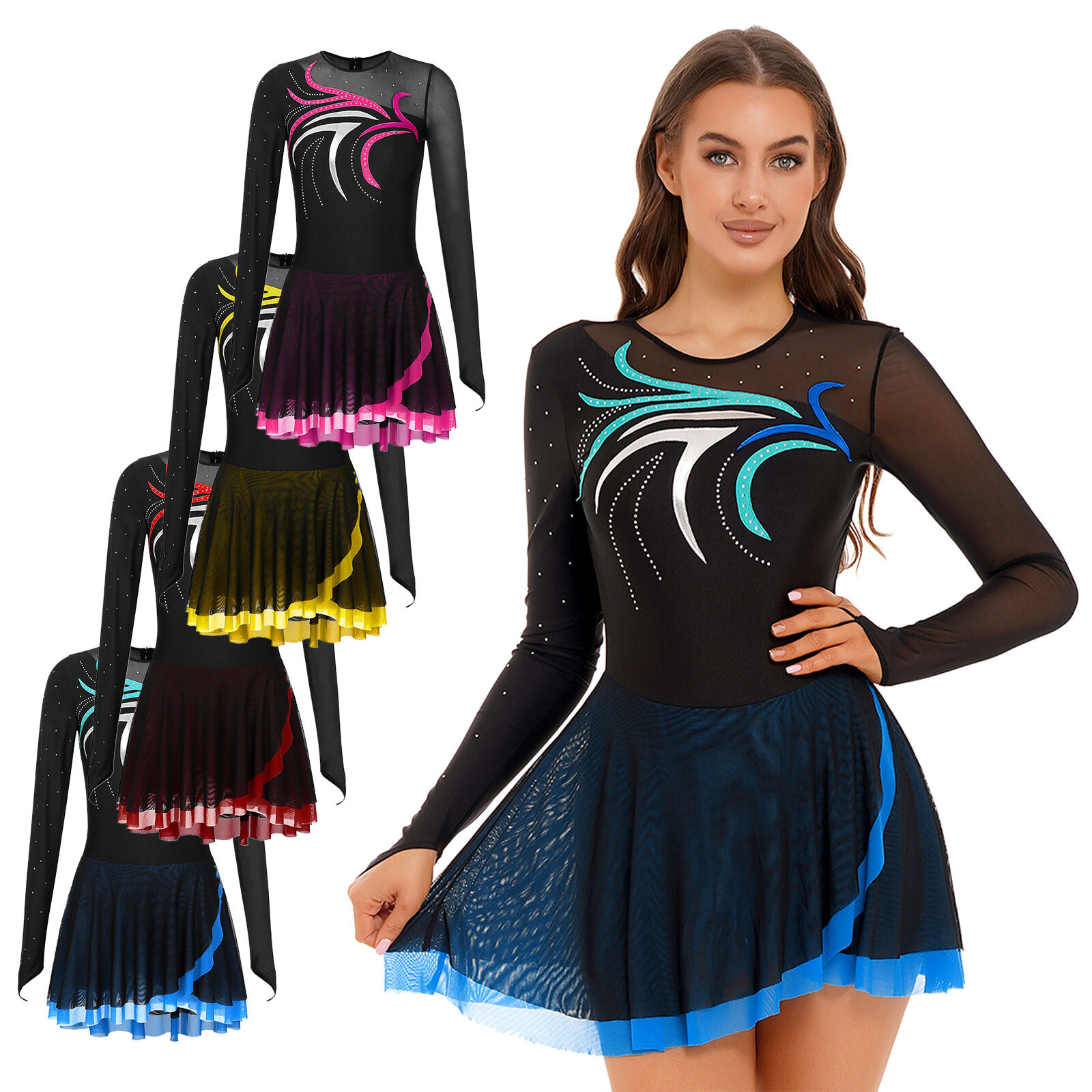 Women’s Gymnastics Leotard Lyrical Dancewear Sheer Mesh Figure Ice Skating Dress