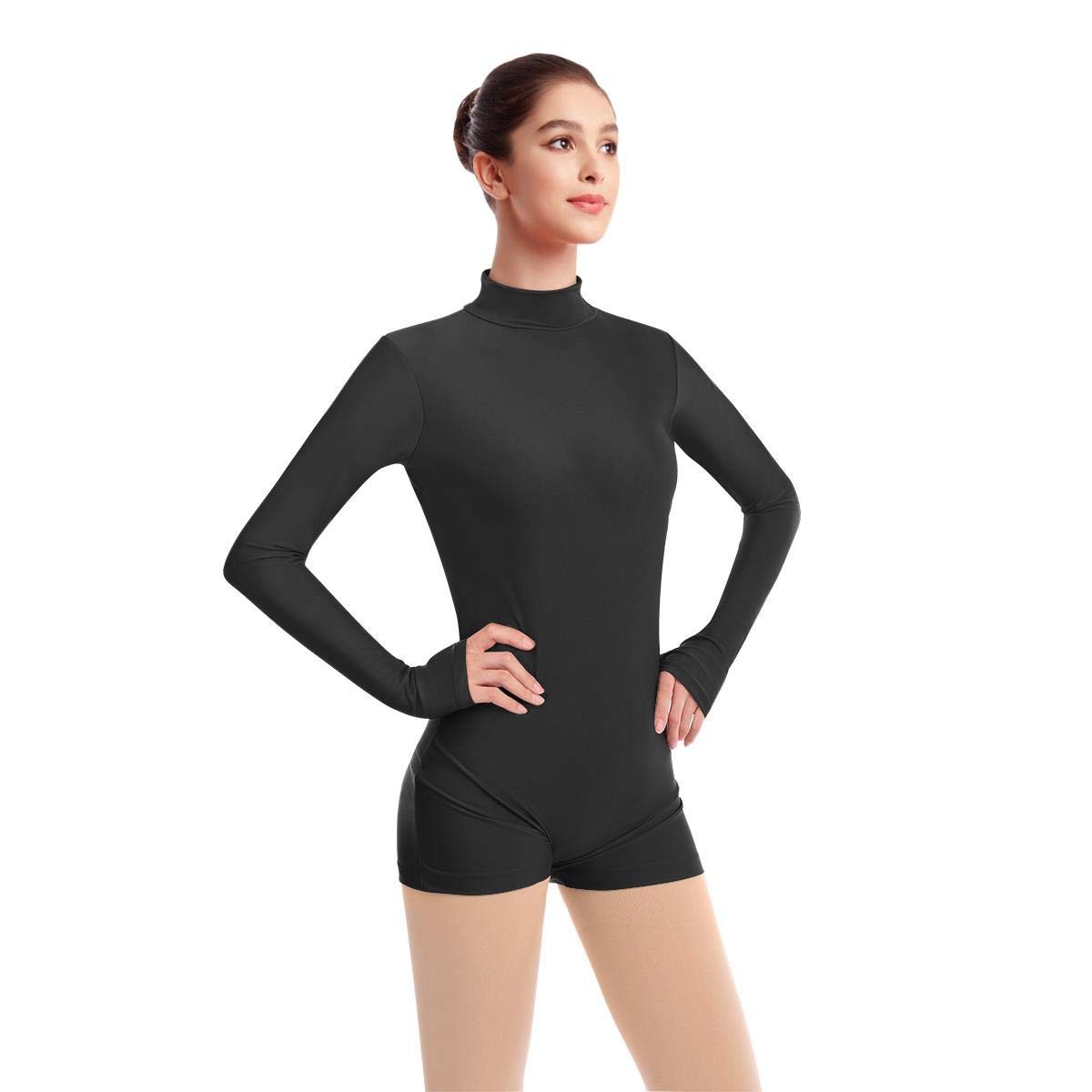 Women Mock Neck Gymnastics Dance Leotard Boyshorts Long Sleeve Bodysuit Balle…