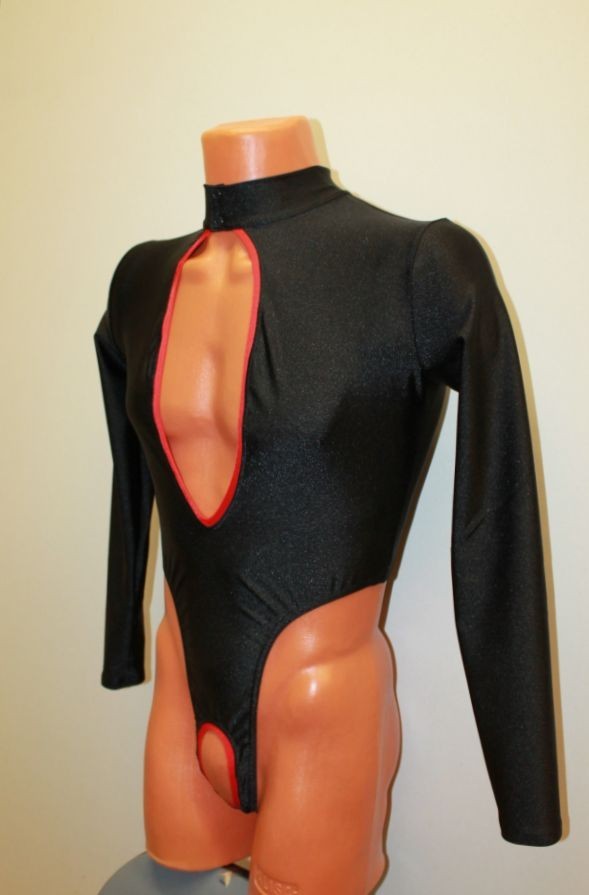 Men Thong Leotard 159-57 High Collar Open Front Hole Crotch Black Spandex Size L