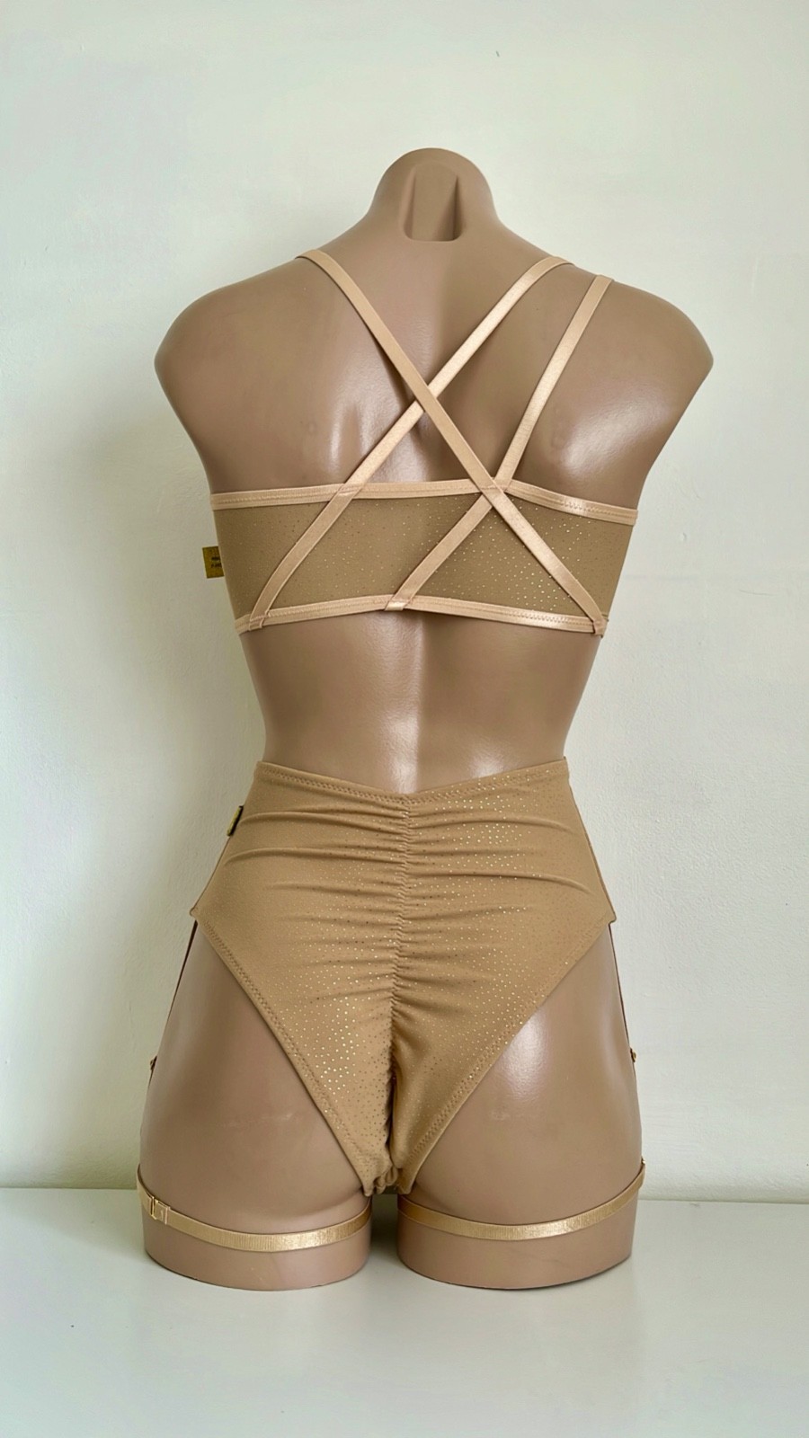 Schminke 👄 pole dance wear sheer nude gold mesh crop top & bottoms high waist