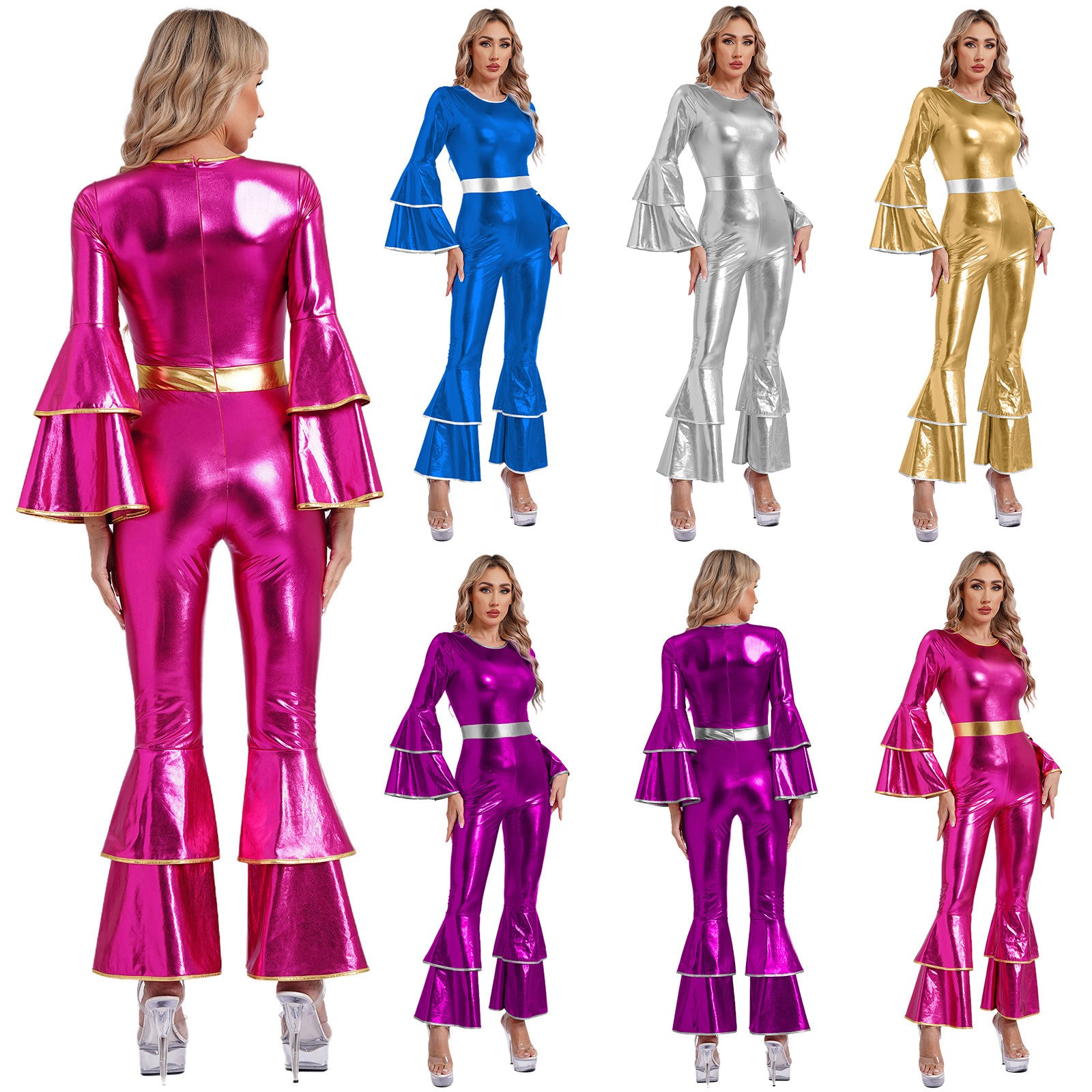 US YiZYiF Women Retro 70s Disco Costume Shiny Flares Long Sleeve Romper Clubwear