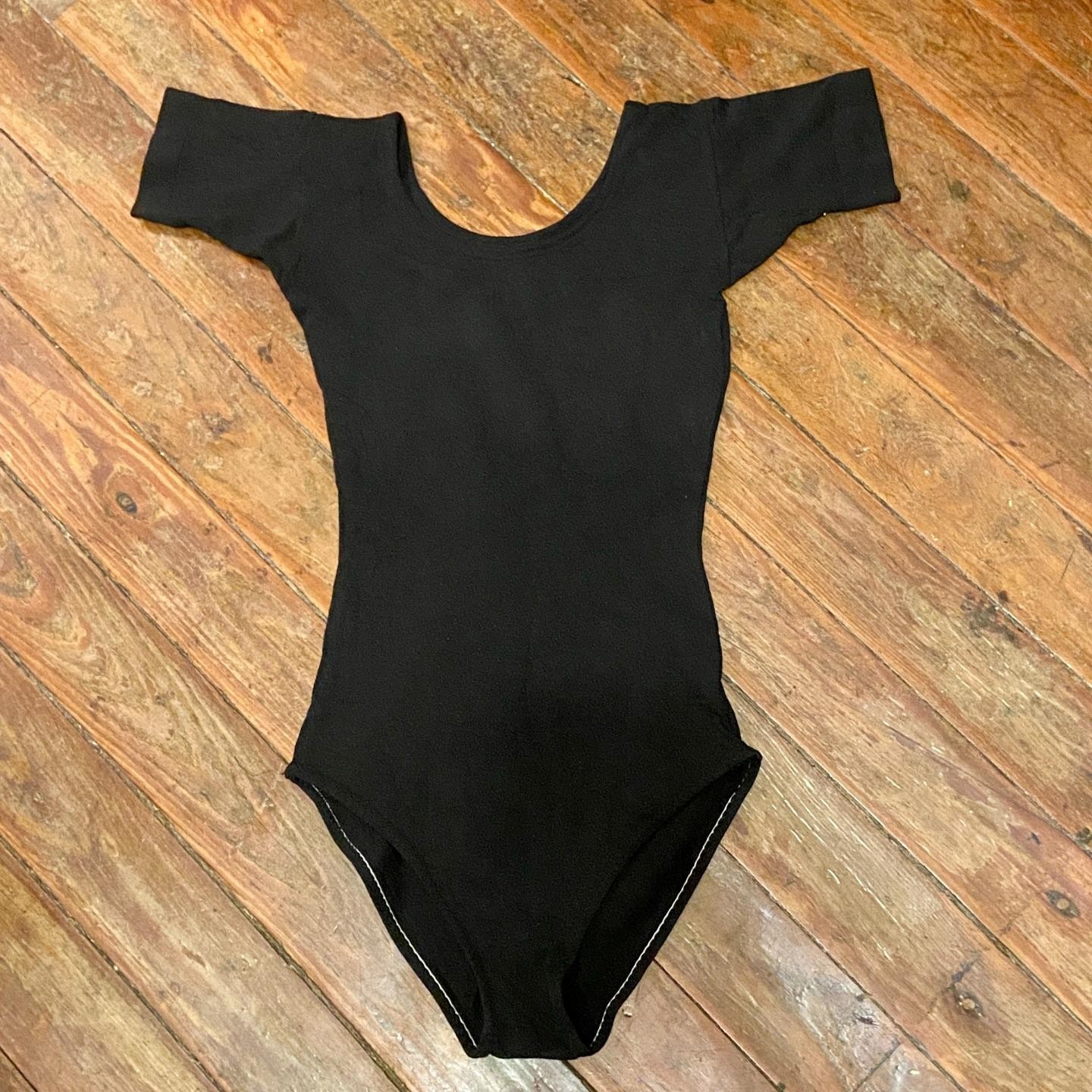 Vintage 70s SEARS Black Nylon Leotard Petite Scoop Neck Short Sleeve Ballet EUC